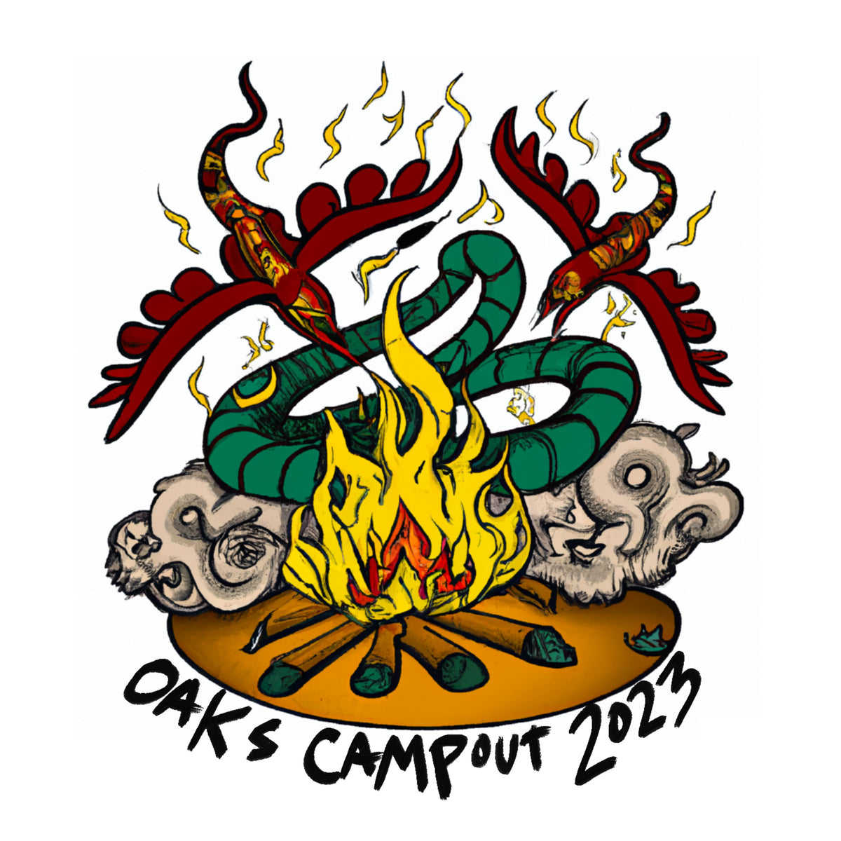 Illustration of a campfire with a snake and birds coming out of the fire and text that says "Oaks Campout 2023" all on a white background