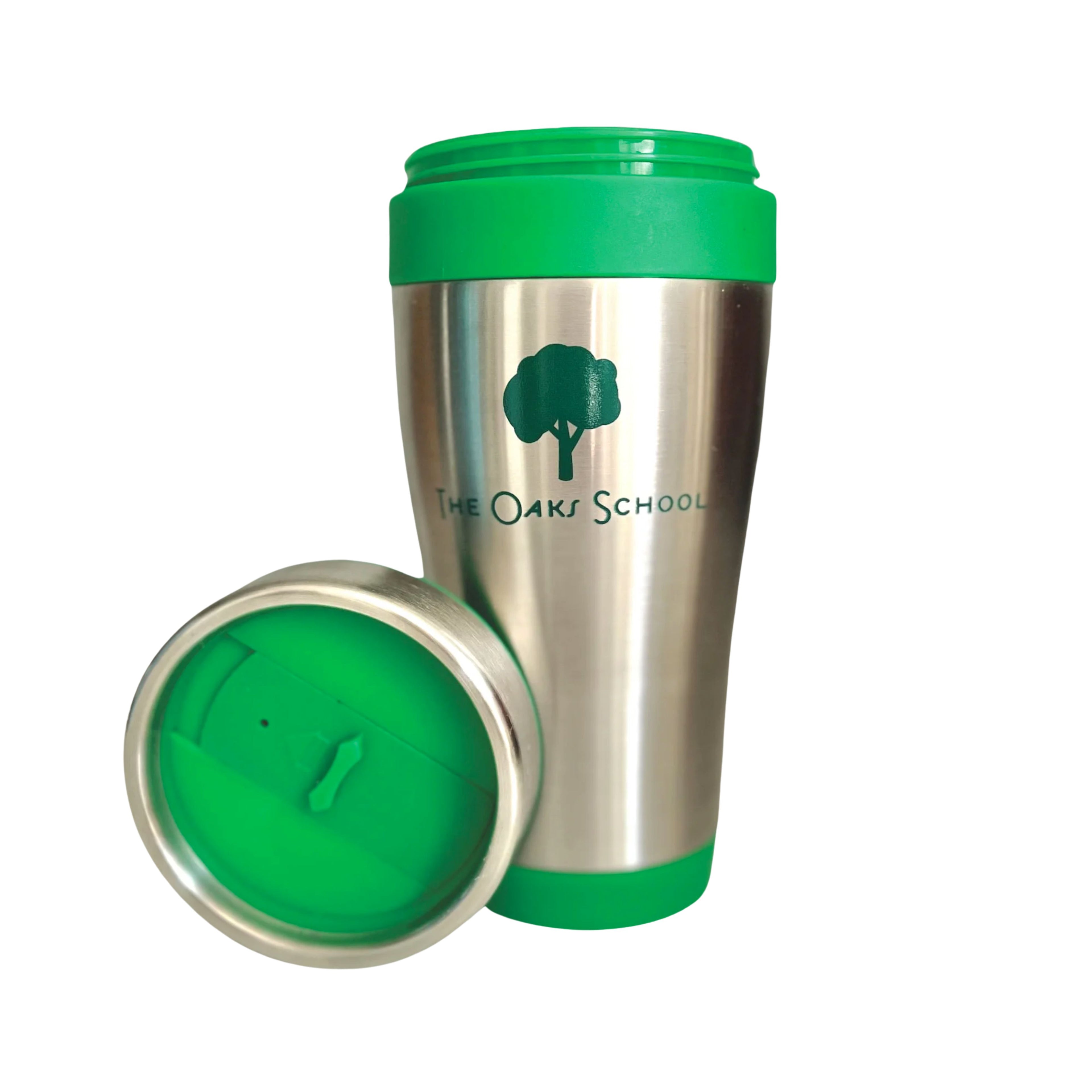 Green and silver metallic coffee tumbler with "The Oaks School" text and a tree image