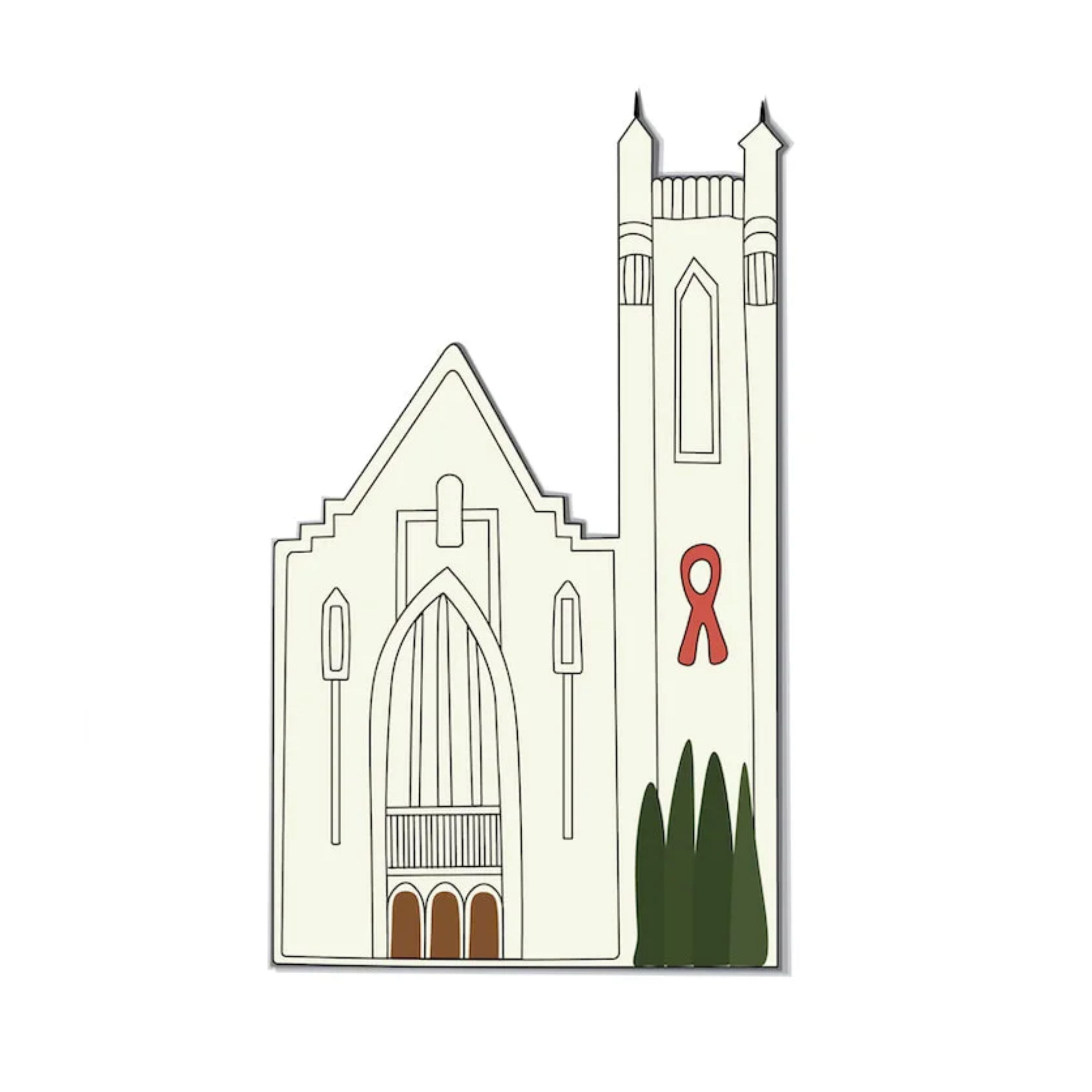 Illustration of a church with a red ribbon on a white background