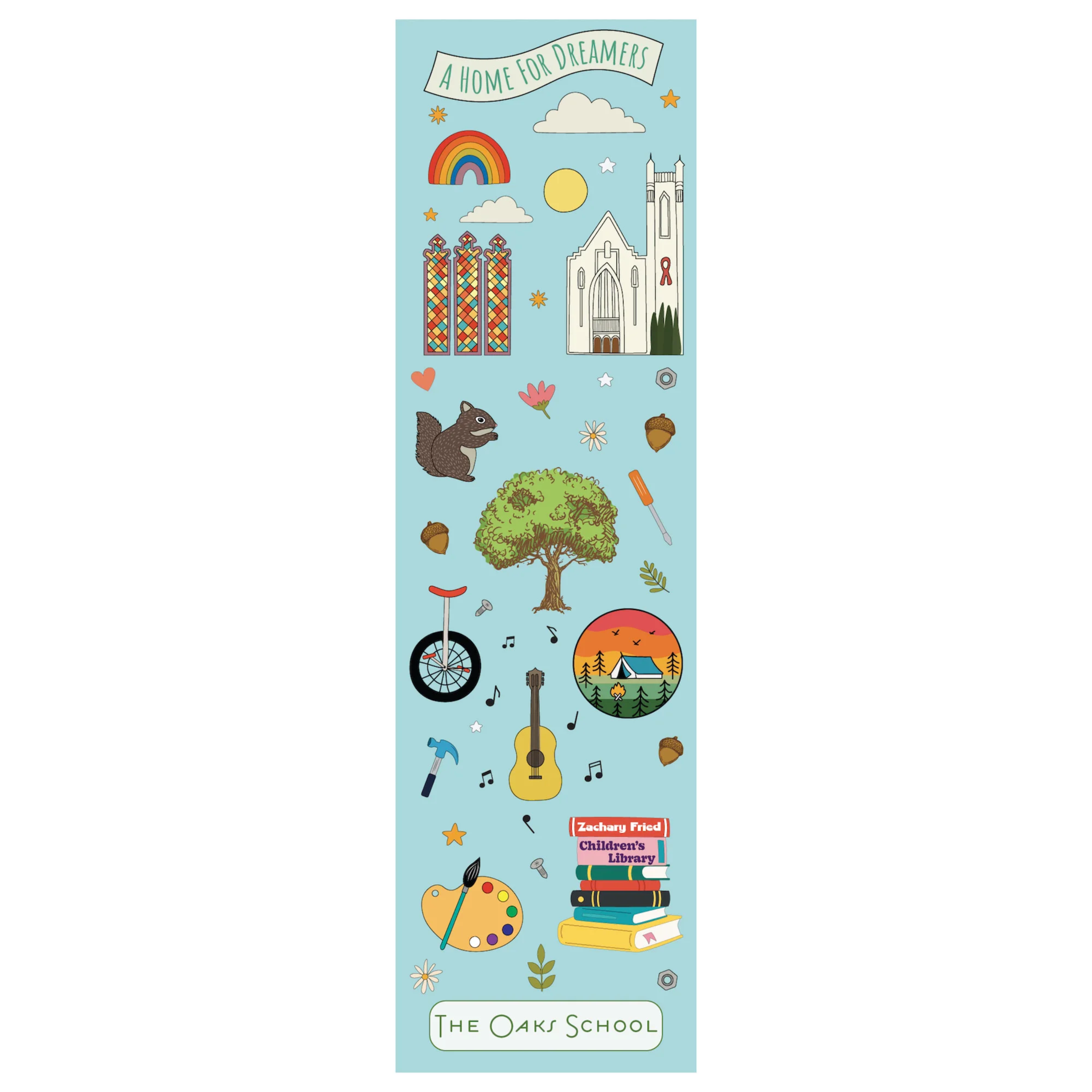 Illustrated bookmark with various symbols and text on a light blue background