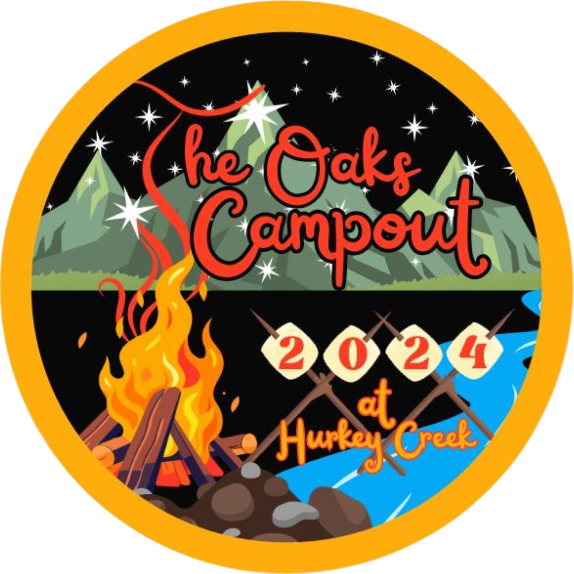 Circular illustration of a mountain on a dark night sky with a campfire, river, and s'more sticks and text "The Oaks Campout" and "2024 at Hurkey Creek" all on a white background.