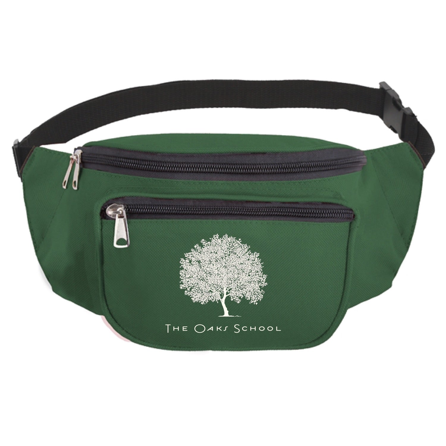 Green fanny pack with a tree logo and 'The Oaks School' text on a white background