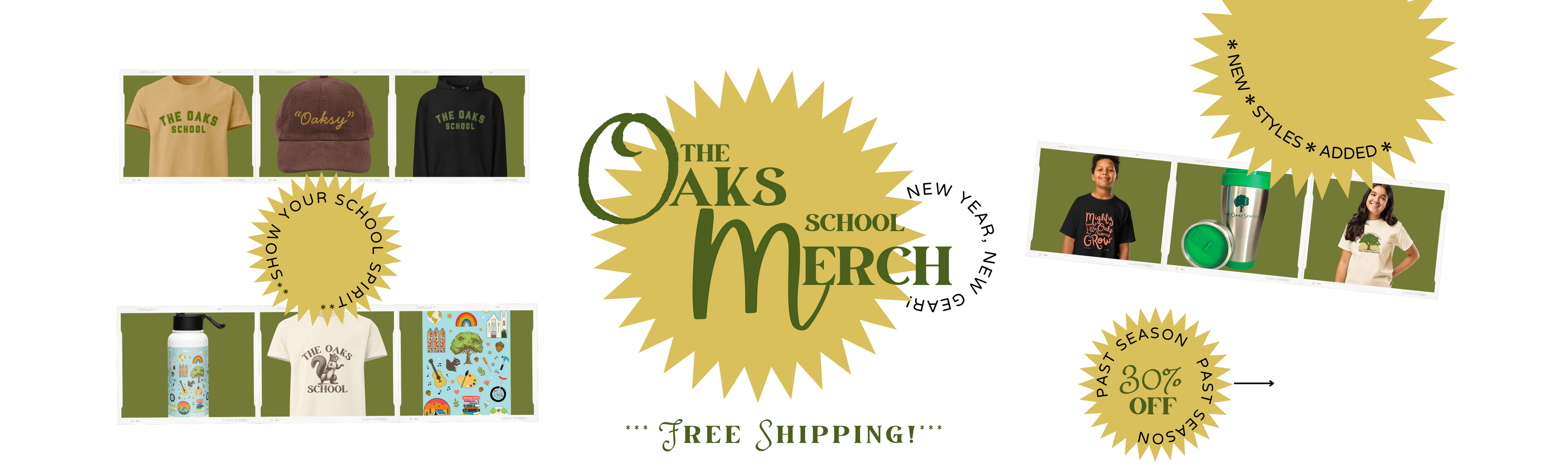 Promotional banner for 'The Oaks School Merch' with various merchandise items and promotional text, including "The Oaks School Merch" and "Free Shipping"