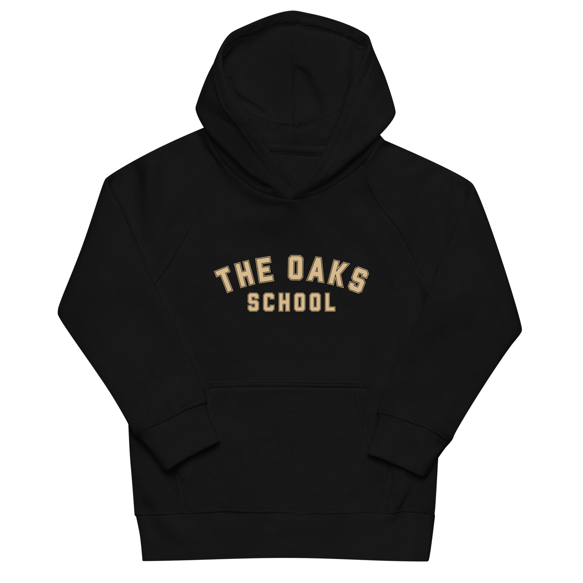 Product mockup: A black hoodie on a white background featuring cream colored collegiate style lettering that says "The Oaks School"