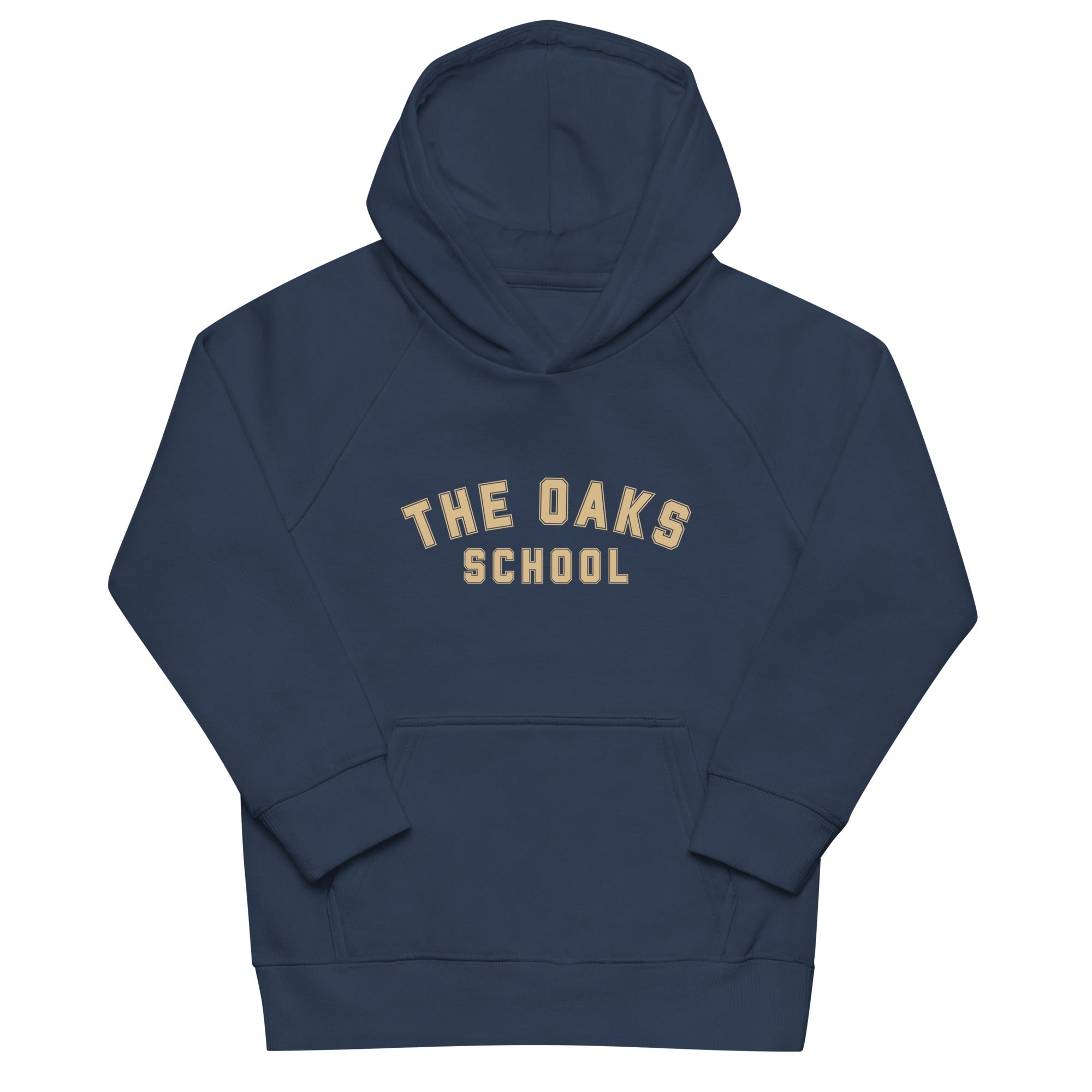 Product mockup: A navy hoodie on a white background featuring cream colored collegiate style lettering that says "The Oaks School"