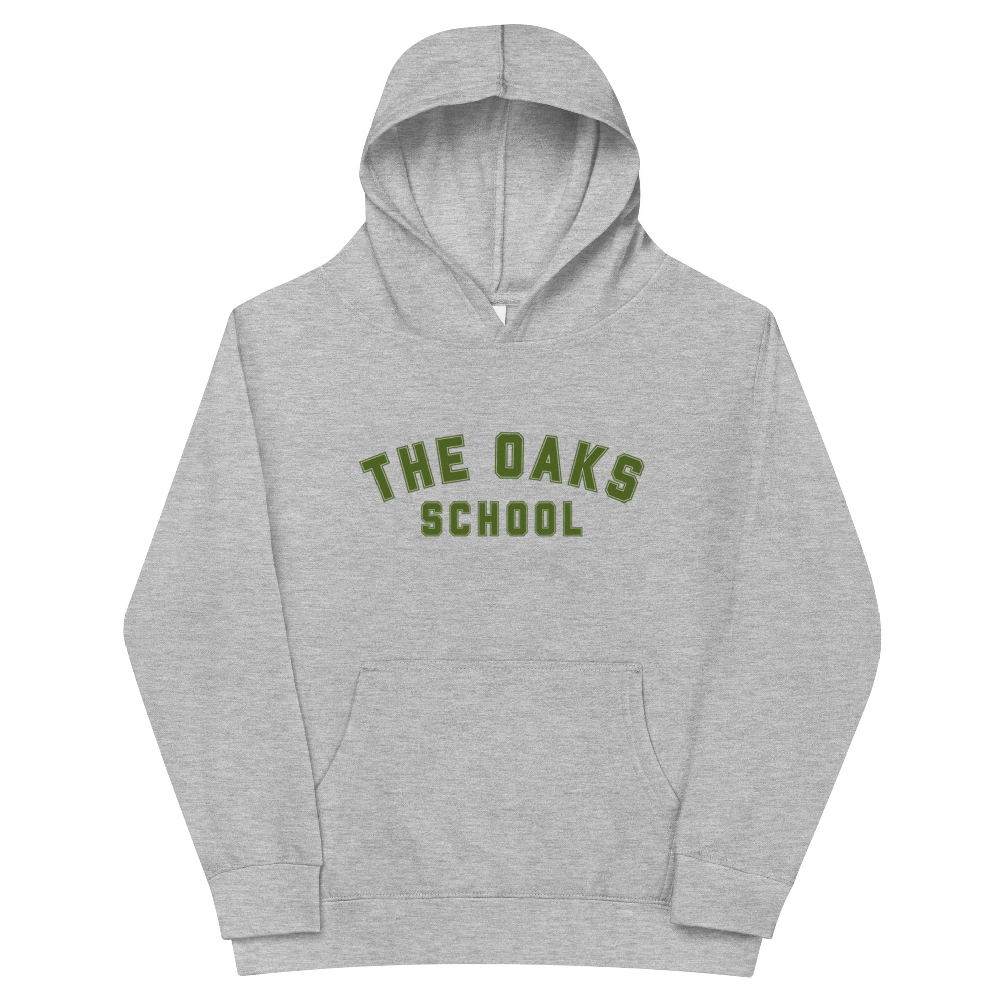 Product mockup: A heather gray hoodie on a white background featuring lettering in a collegiate style that says "The Oaks School"