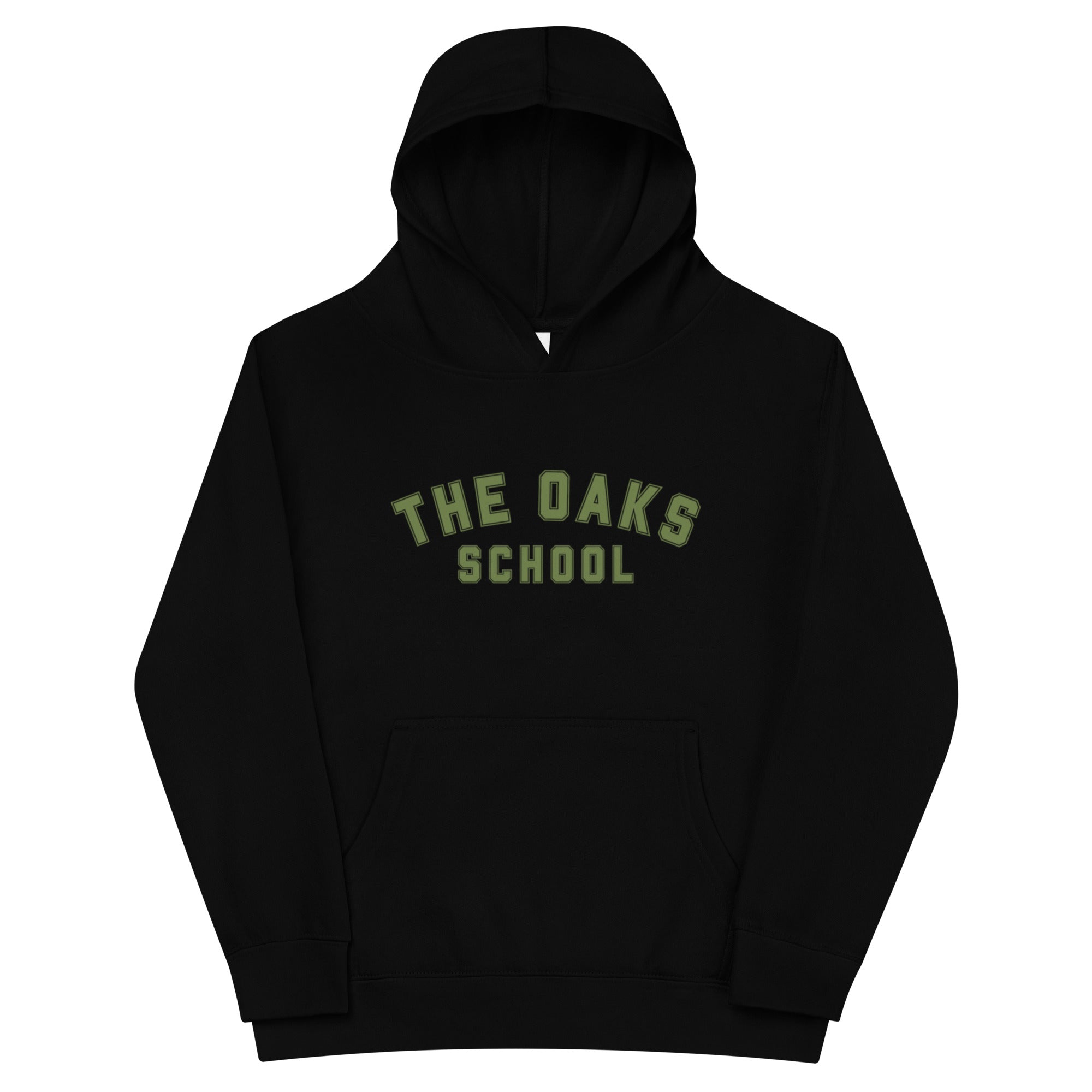 Product mockup: A black hoodie on a white background featuring lettering in a collegiate style that says "The Oaks School"