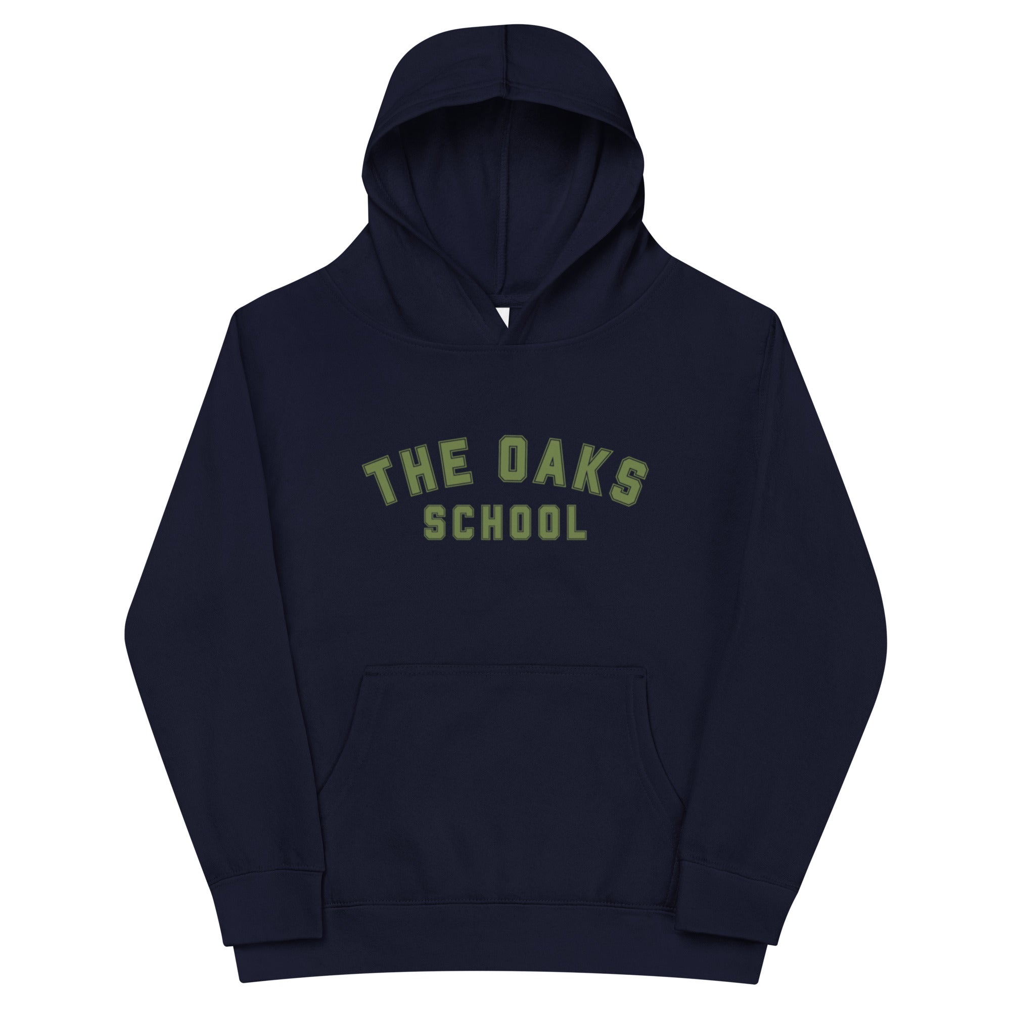 Product mockup: A navy hoodie on a white background featuring lettering in a collegiate style that says "The Oaks School"