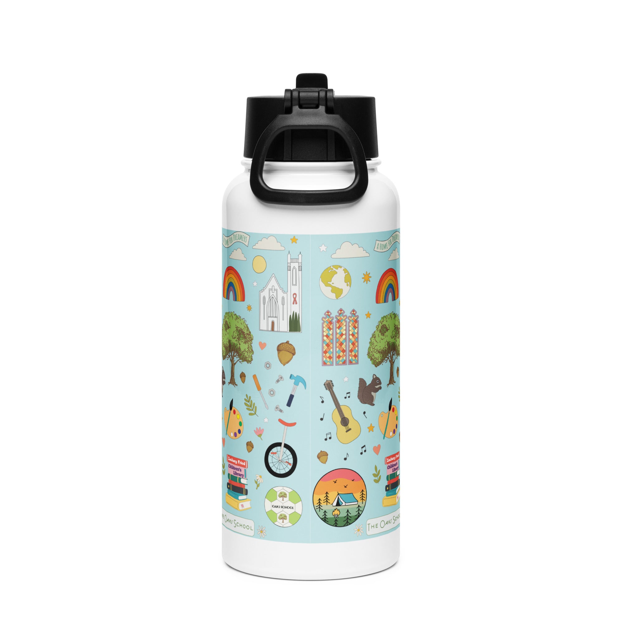 Product mockup: A white water bottle with a black lid on a white background with various illustrations including a guitar, church, stained glass, acorn, oak tree, rainbow, soccer ball, etc.