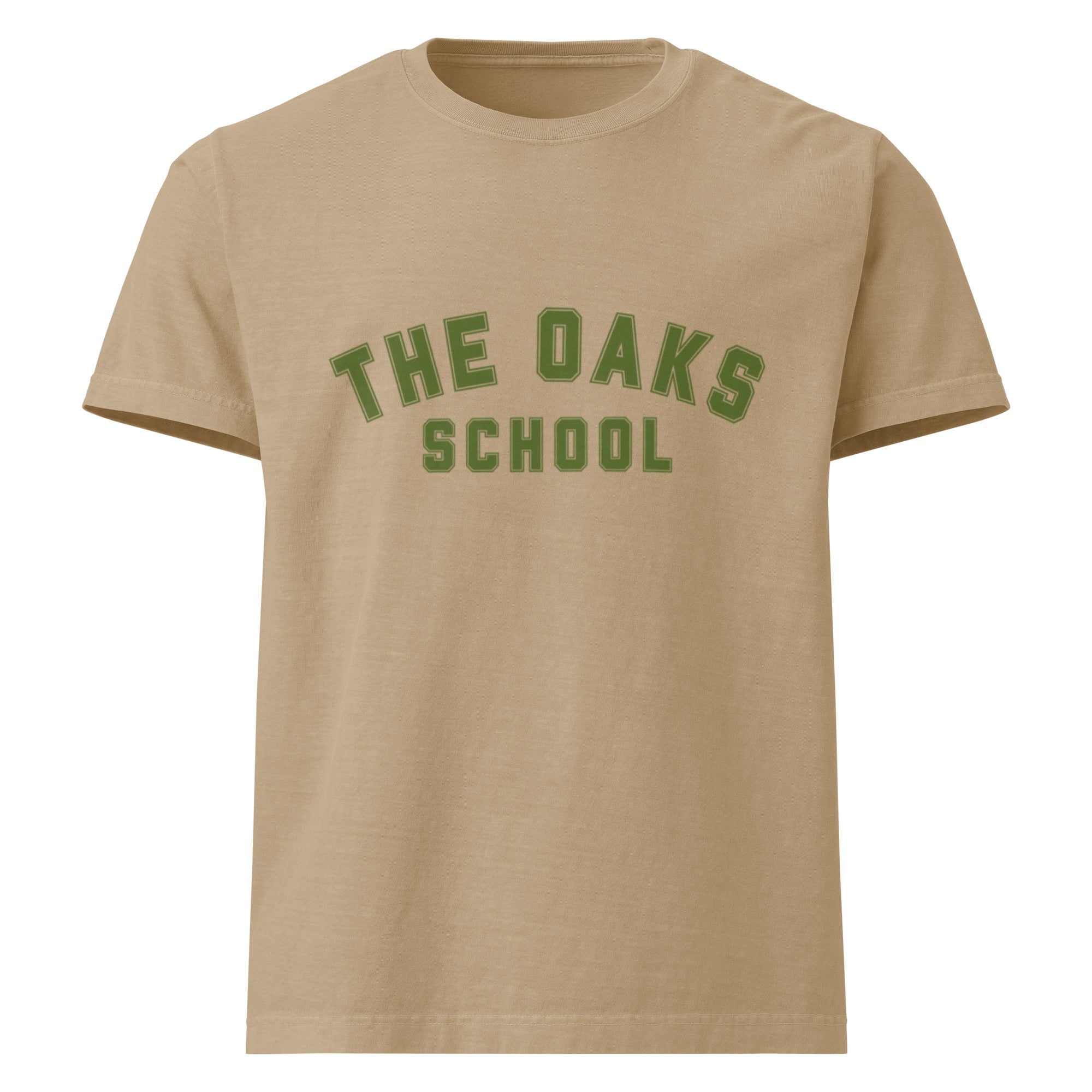 Product mockup: A khaki colored tshirt on a white background with green collegiate style lettering that says "The Oaks School"