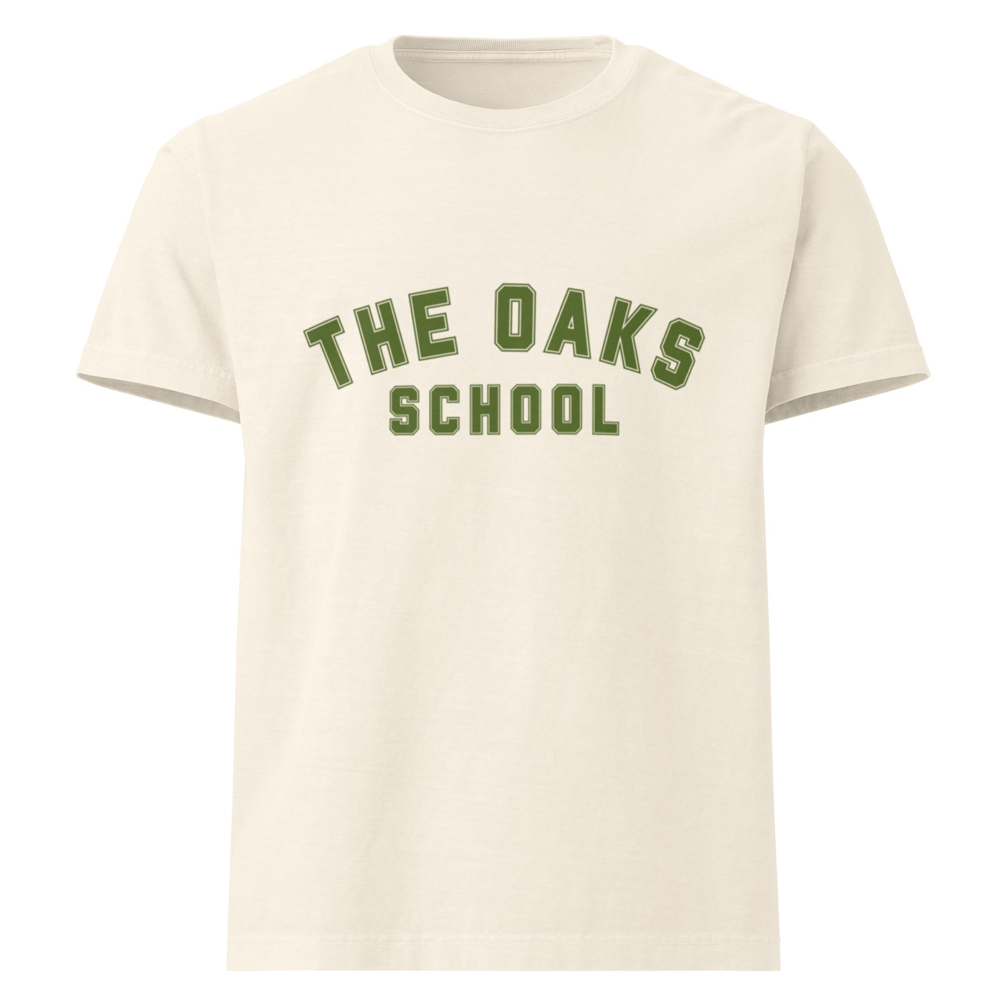 Product mockup: A vintage white tshirt on a white background with green collegiate style lettering that says "The Oaks School"