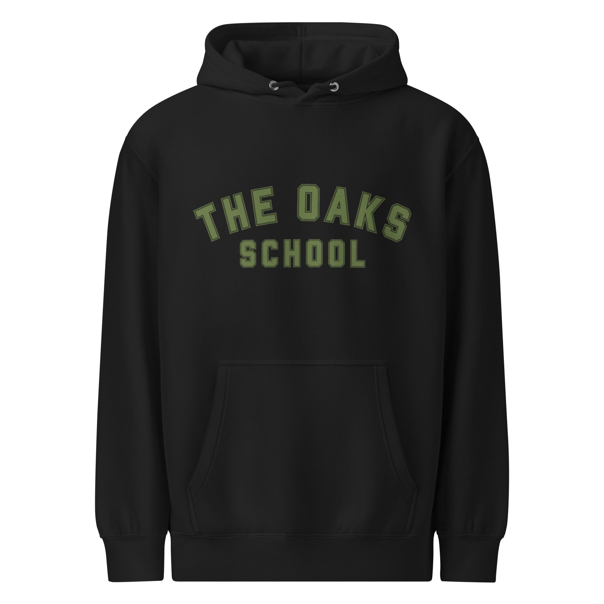 Product mockup: A black hoodie on a white background featuring green letters in a collegiate font style that says "The Oaks School"