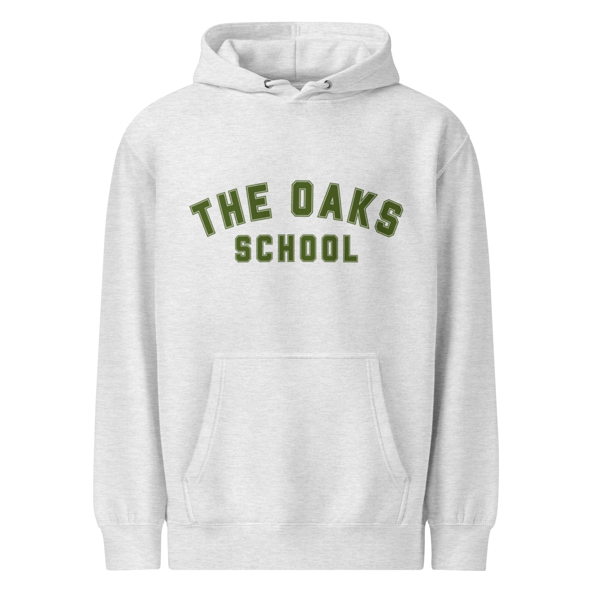 Product mockup: A heather gray hoodie on a white background featuring green letters in a collegiate font style that says "The Oaks School"