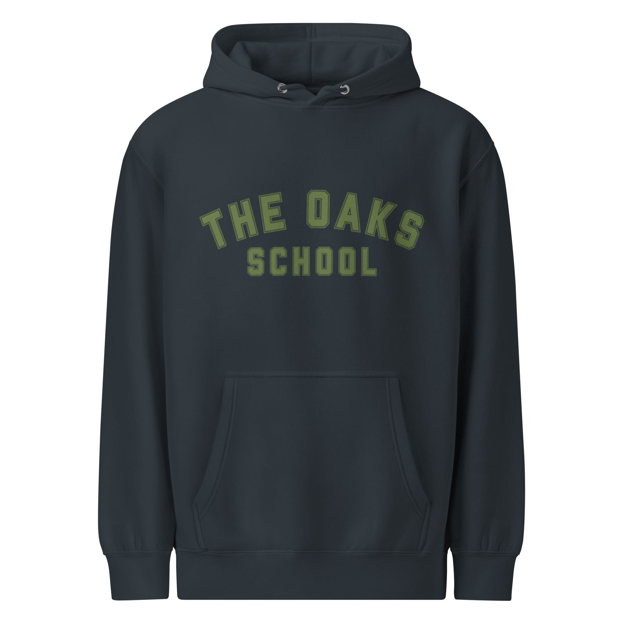 Product mockup: A navy hoodie on a white background featuring green letters in a collegiate font style that says "The Oaks School"