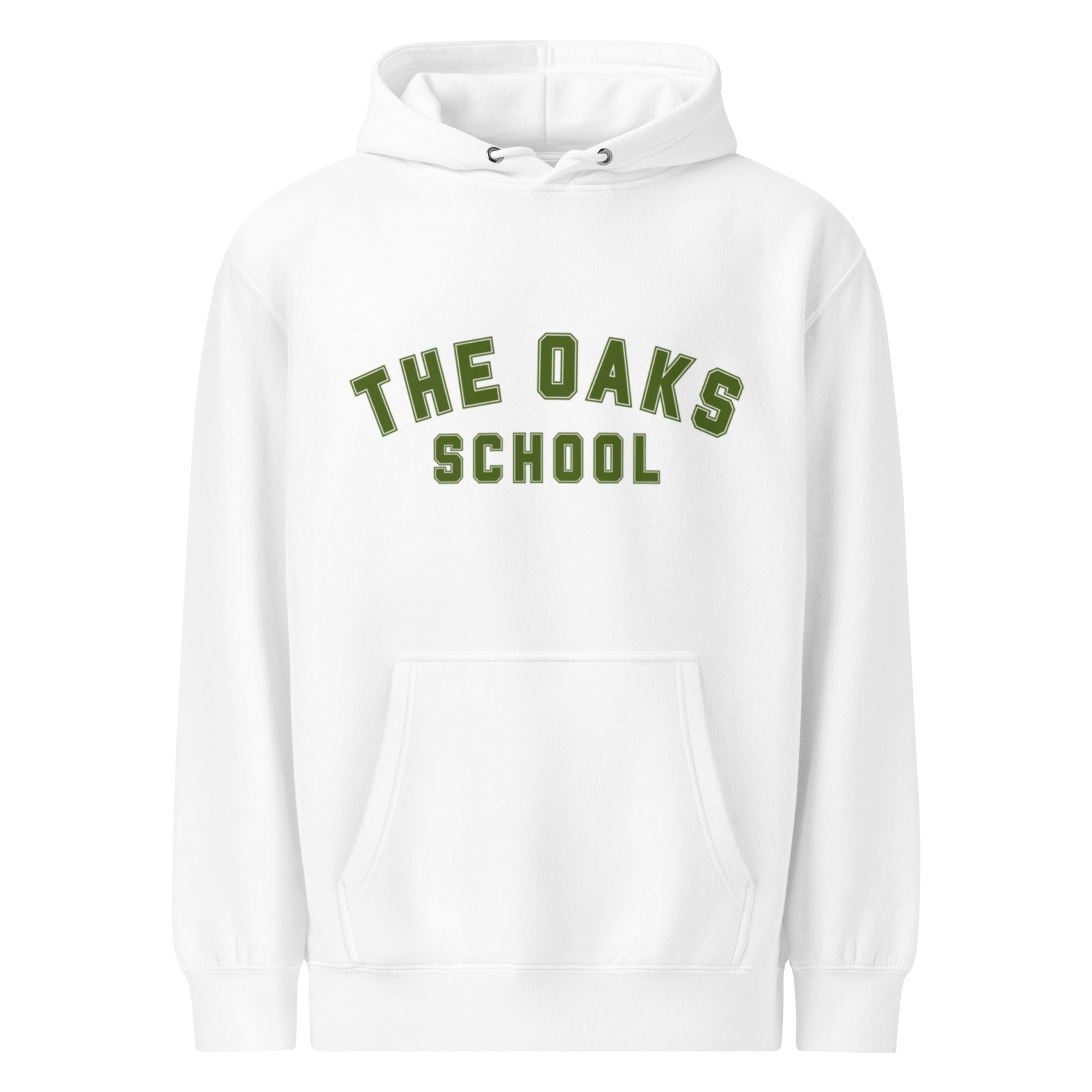 Product mockup: A white hoodie on a white background featuring green letters in a collegiate font style that says "The Oaks School"