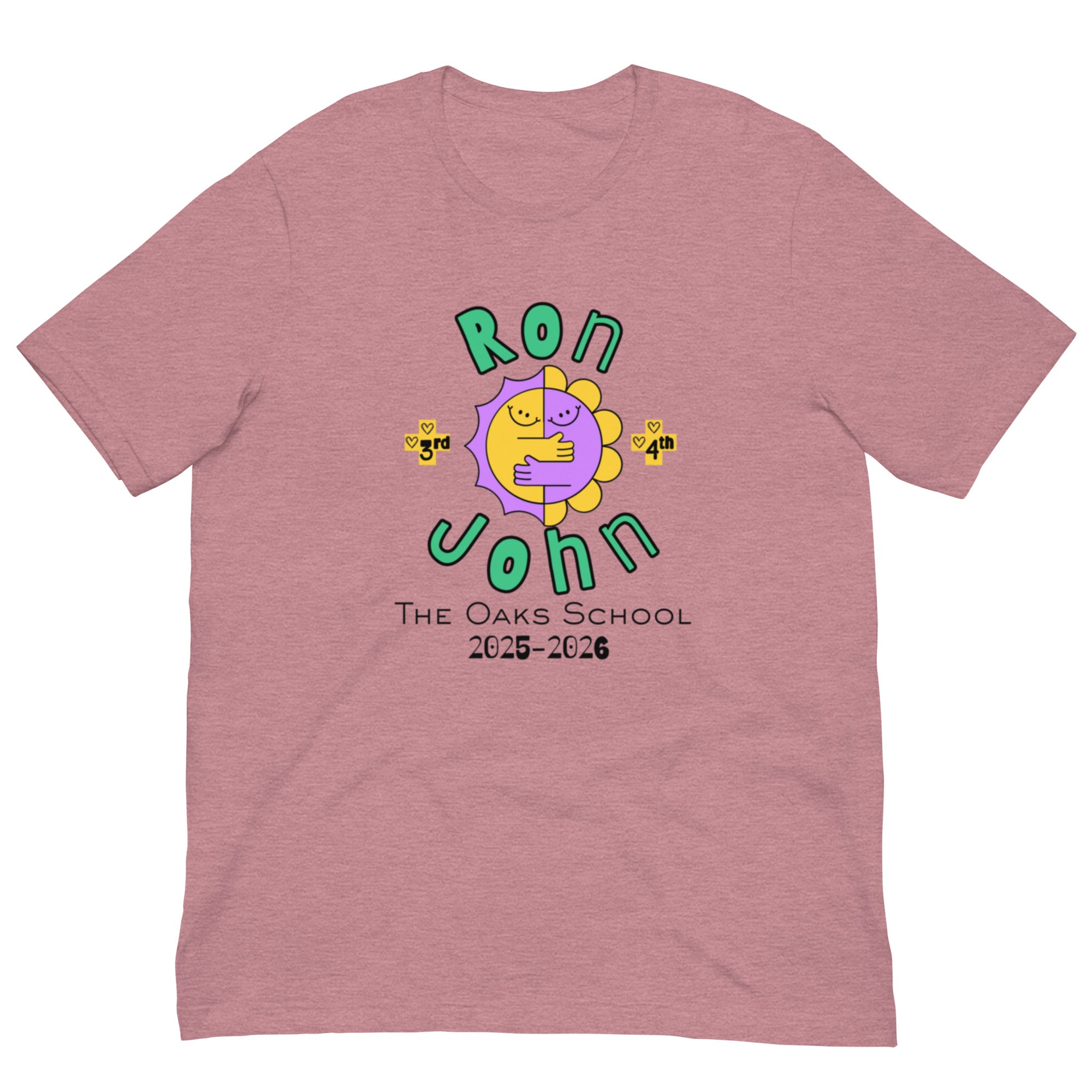 Product mockup of a heathered orchid colored tshirt with text that says, "Ron John," "3rd, 4th," and "The Oaks School 2025-2026." There is a two sided smiling sun in the center with arms hugging each other.