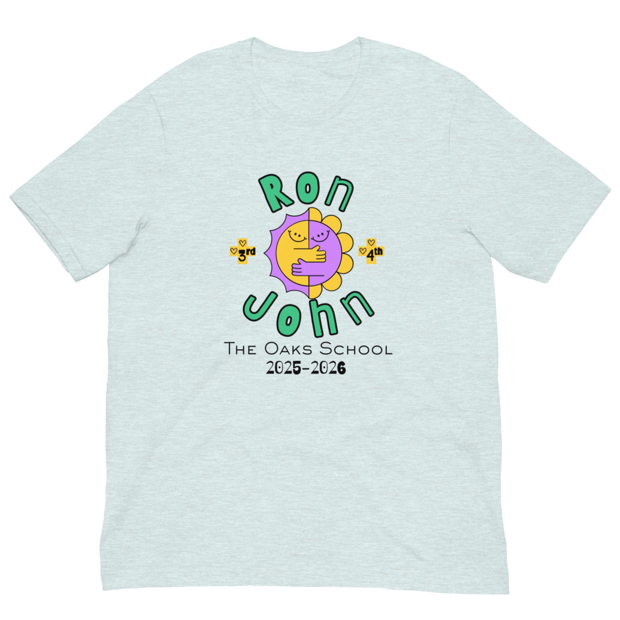 Product mockup of a heathered iced blue colord tshirt with text that says, "Ron John," "3rd, 4th," and "The Oaks School 2025-2026." There is a two sided smiling sun in the center with arms hugging each other.