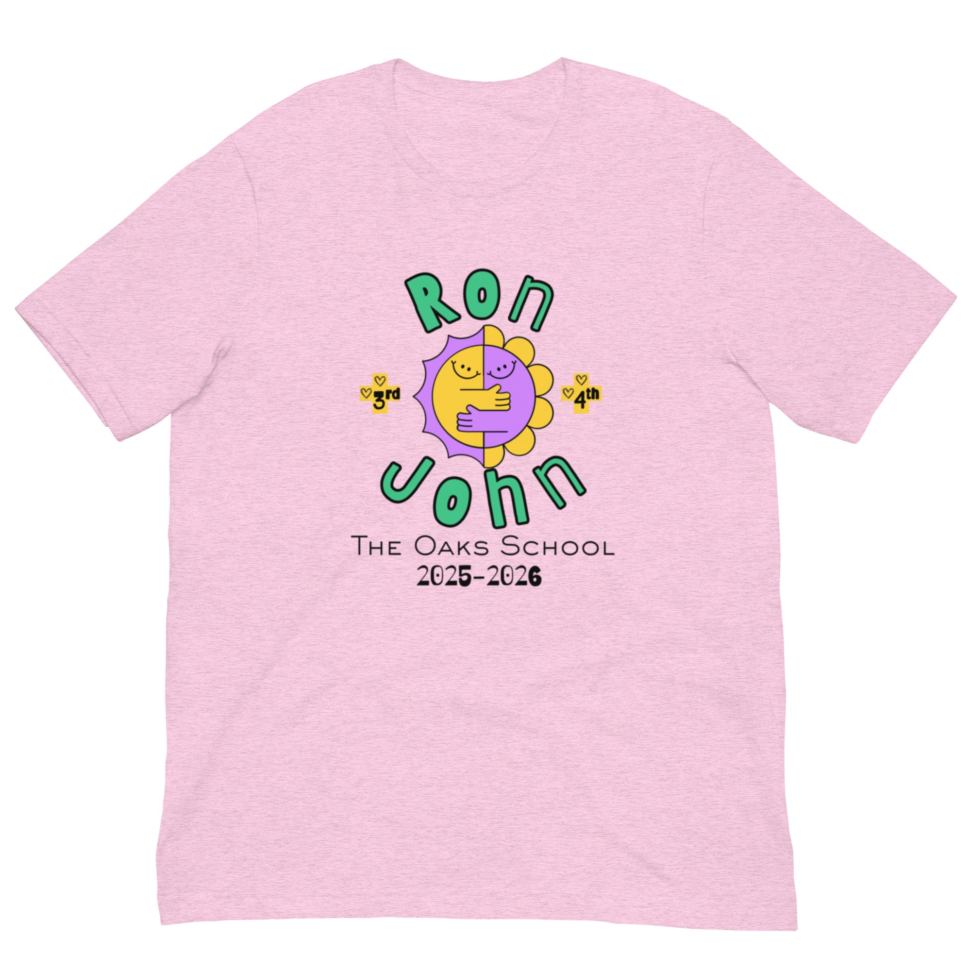 Product mockup of a heathered lilac colored tshirt with text that says, "Ron John," "3rd, 4th," and "The Oaks School 2025-2026." There is a two sided smiling sun in the center with arms hugging each other.