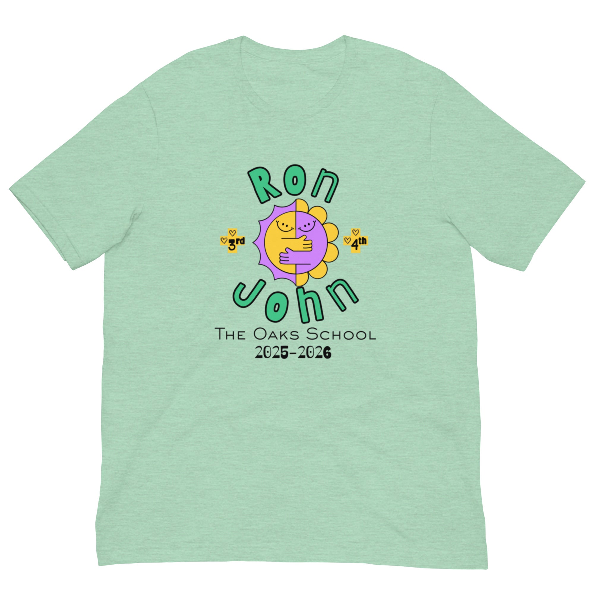 Product mockup of a heathered mint colored tshirt with text that says, "Ron John," "3rd, 4th," and "The Oaks School 2025-2026." There is a two sided smiling sun in the center with arms hugging each other.