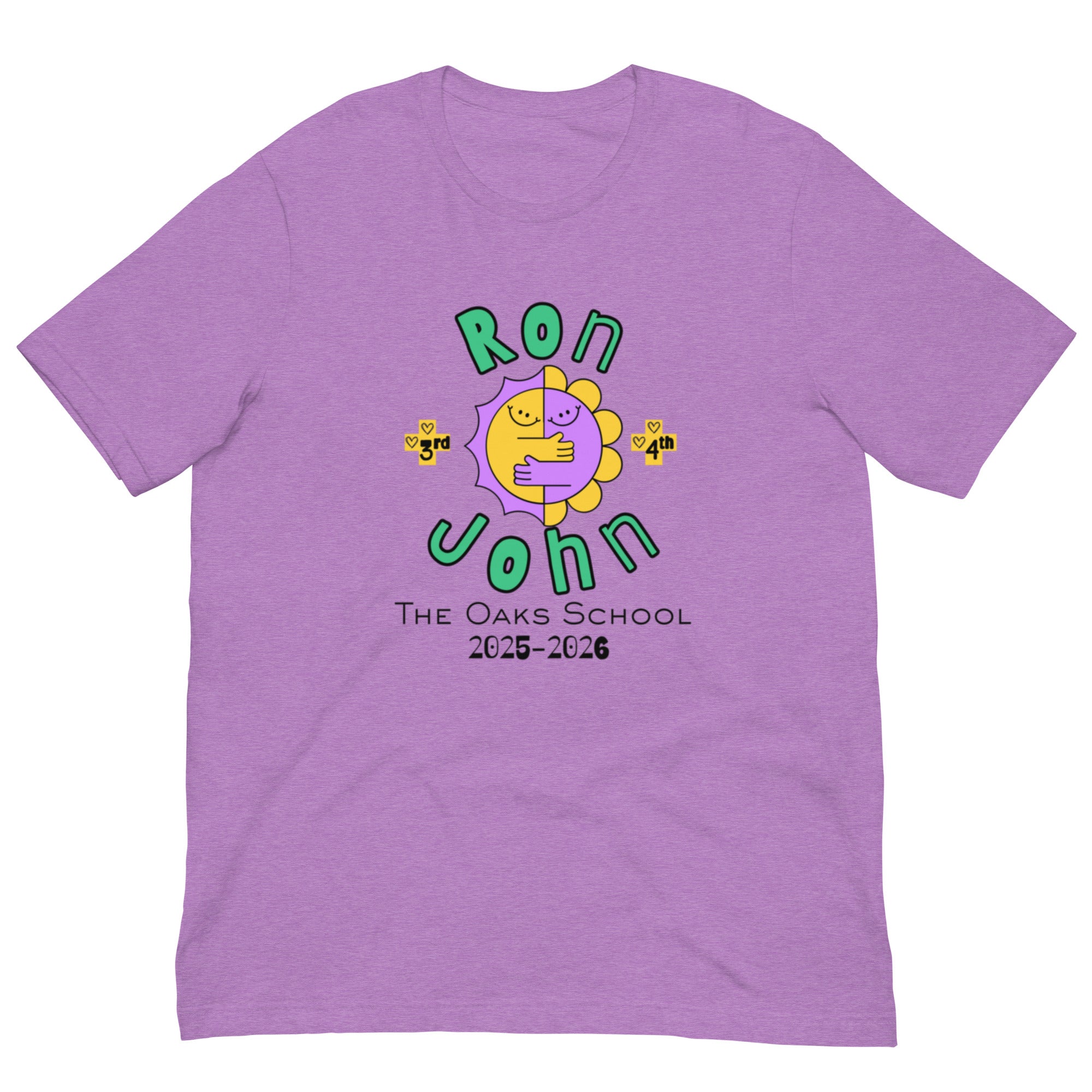Product mockup of a heathered purple tshirt with text that says, "Ron John," "3rd, 4th," and "The Oaks School 2025-2026." There is a two sided smiling sun in the center with arms hugging each other.