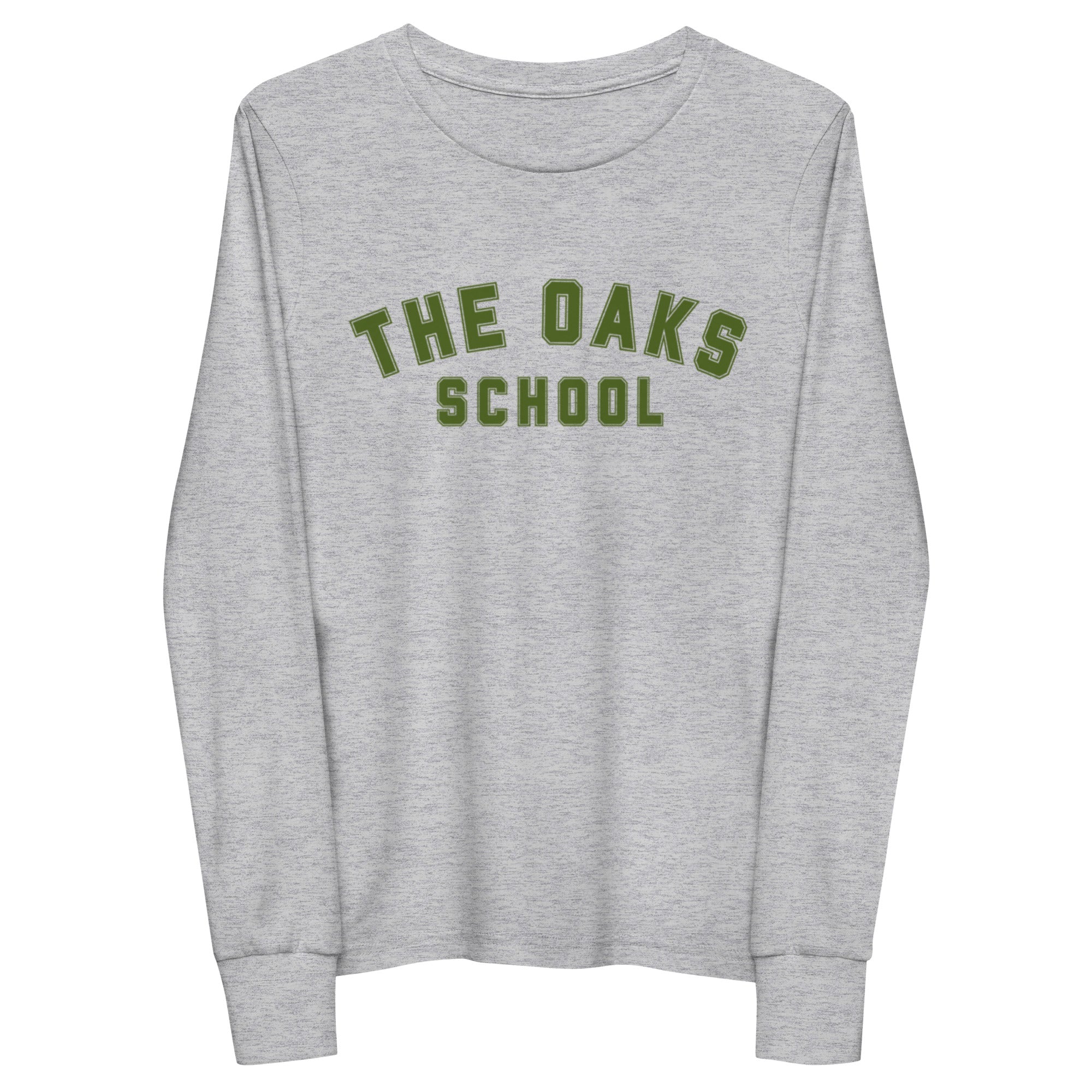 Product mockup: A heather gray long sleeved shirt on a white background featuring green collegiate style lettering that says "The Oaks School."