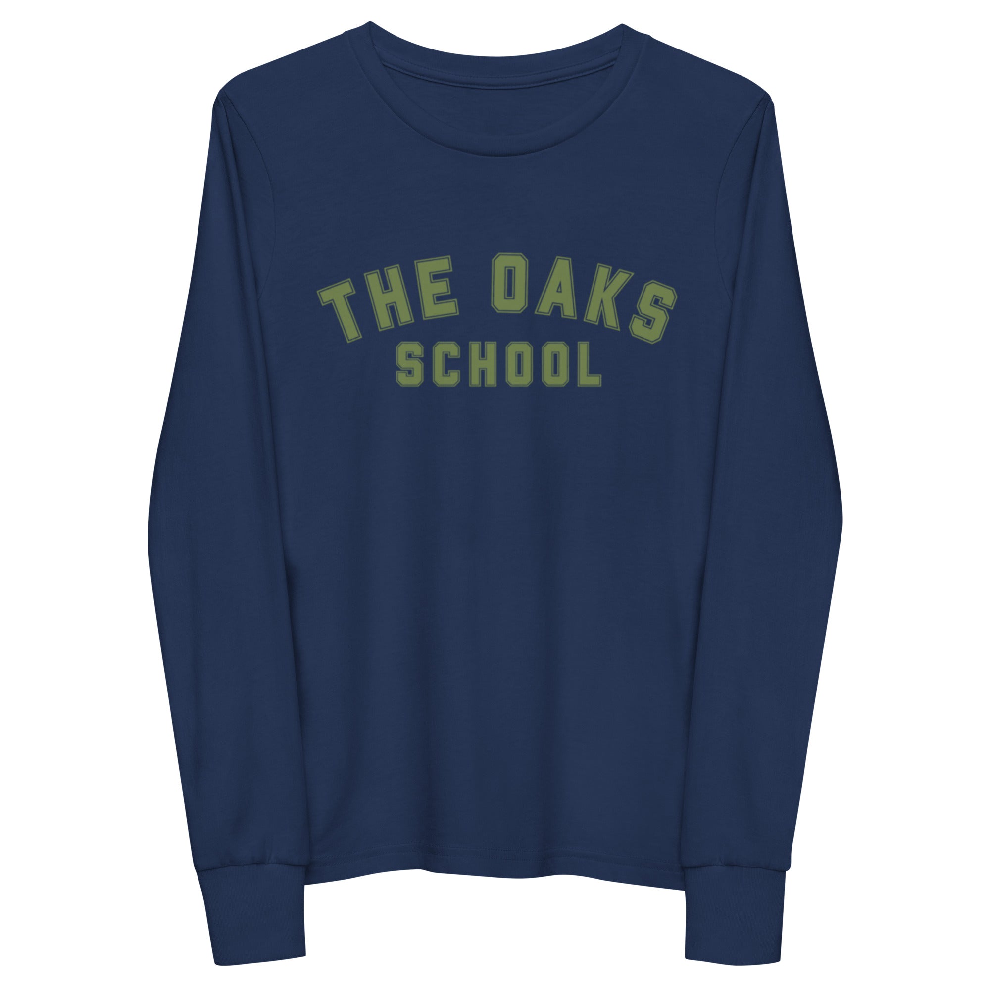 Product mockup: A navy long sleeved shirt on a white background featuring green collegiate style lettering that says "The Oaks School."