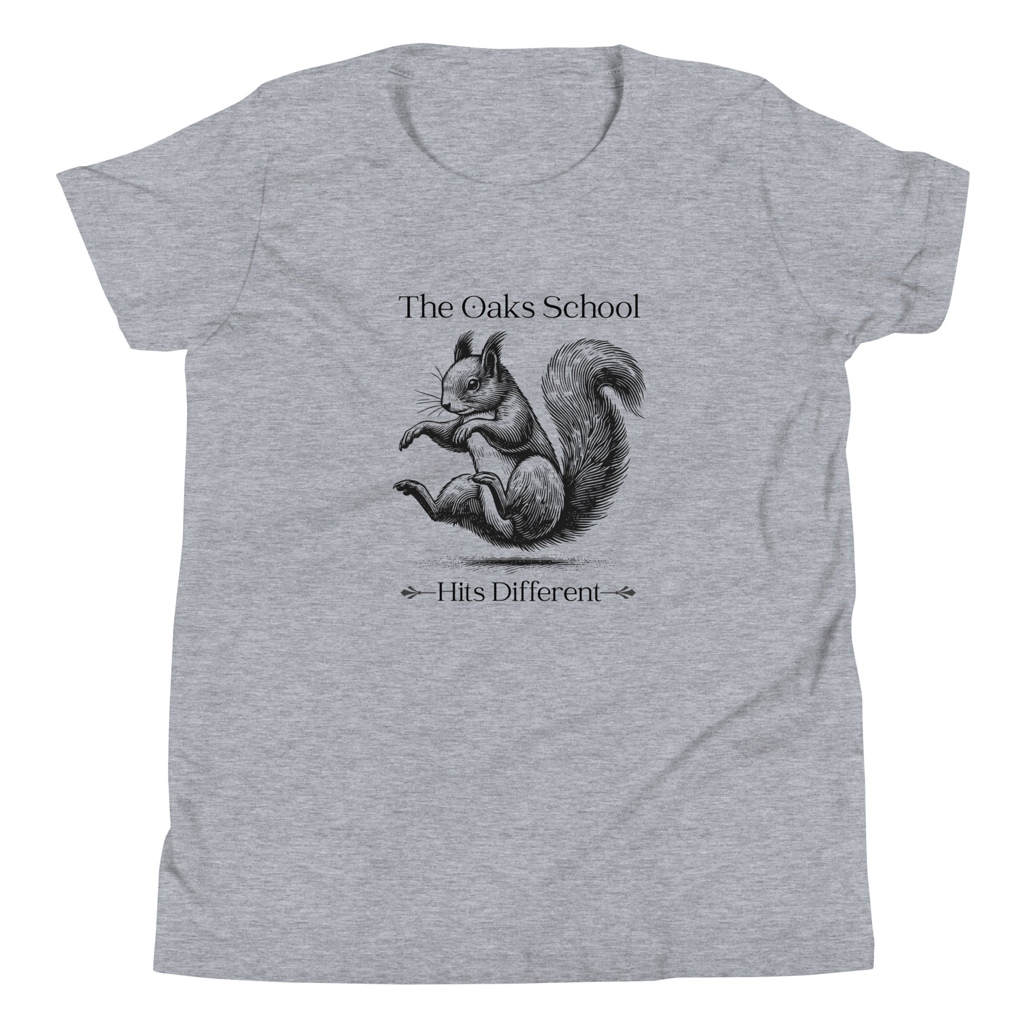 Product mockup: A heather gray tshirt on a white background featuring an illustration of a squirrel landing on its bottom and the text "The Oaks School" and "Hits Different"