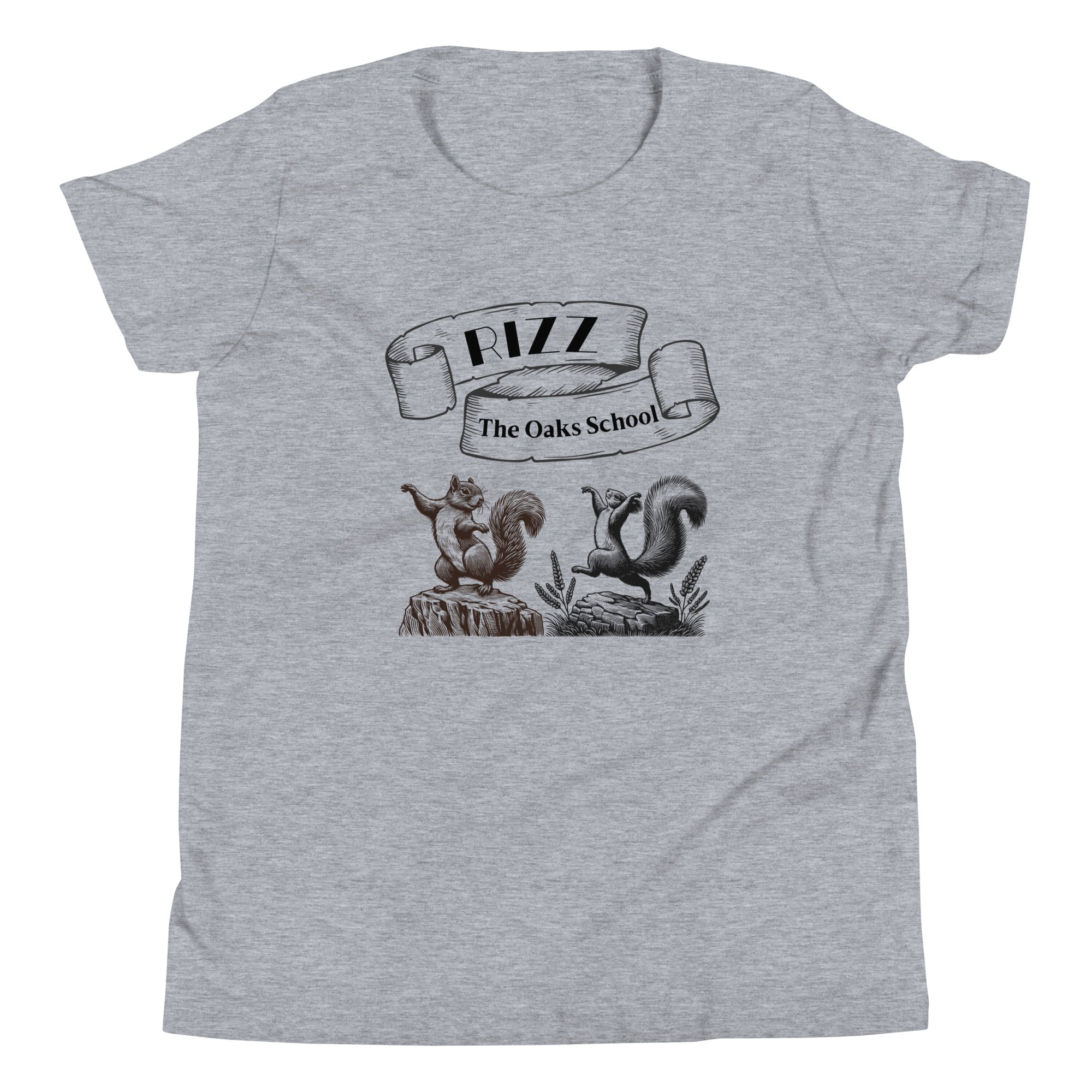 Product mockup: A heather gray tshirt on a white background featuring an illustration of two squirrels dancing on stumps with a scroll above them with the text "Rizz" and "The Oaks School."