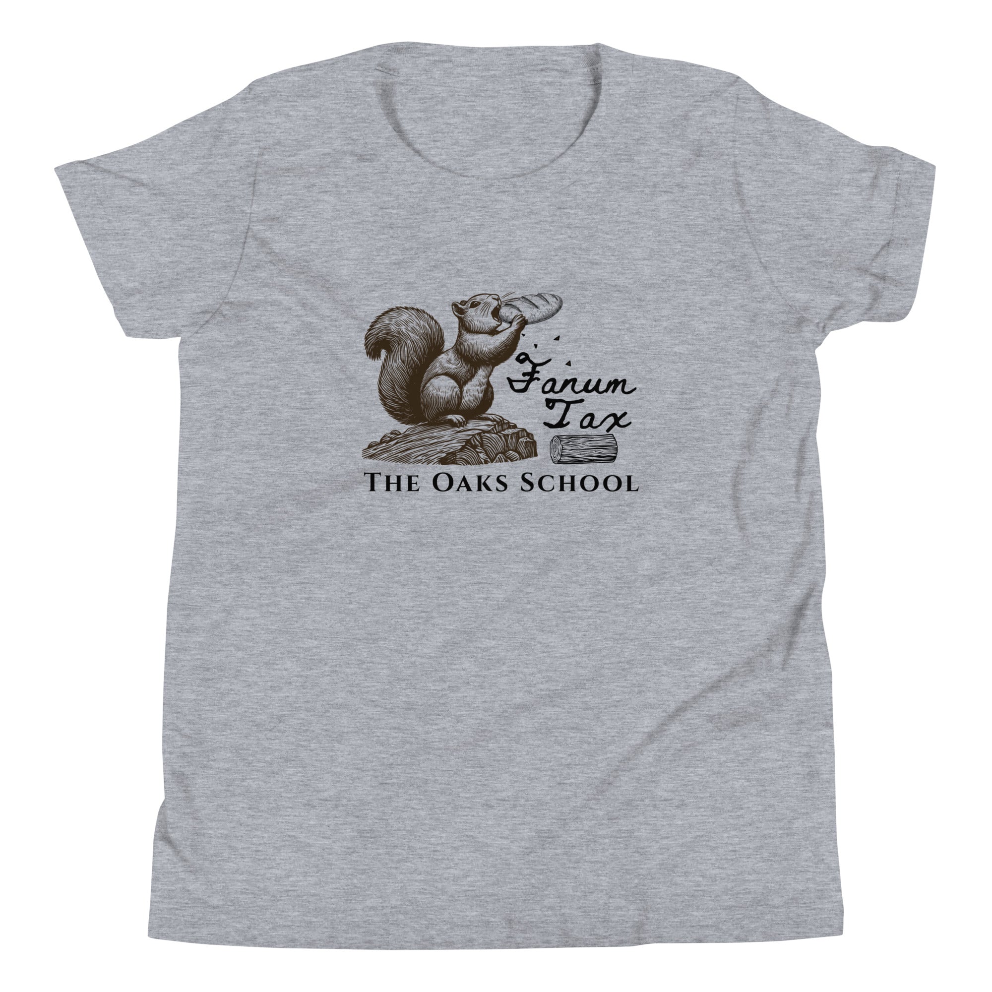 Product mockup: A heather gray tshirt on a white background with an illustration of a squirrel eating a baguette while standing on a stump with the text "Fanum Tax" and "The Oaks School"