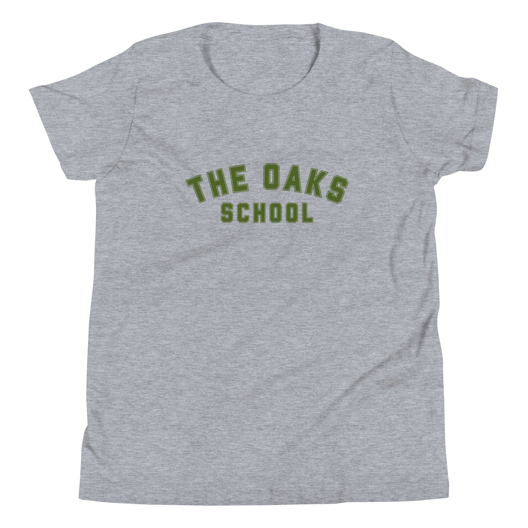 Product mockup: A heather gray tshirt on a white background featuring green collegiate style lettering that says "The Oaks School"