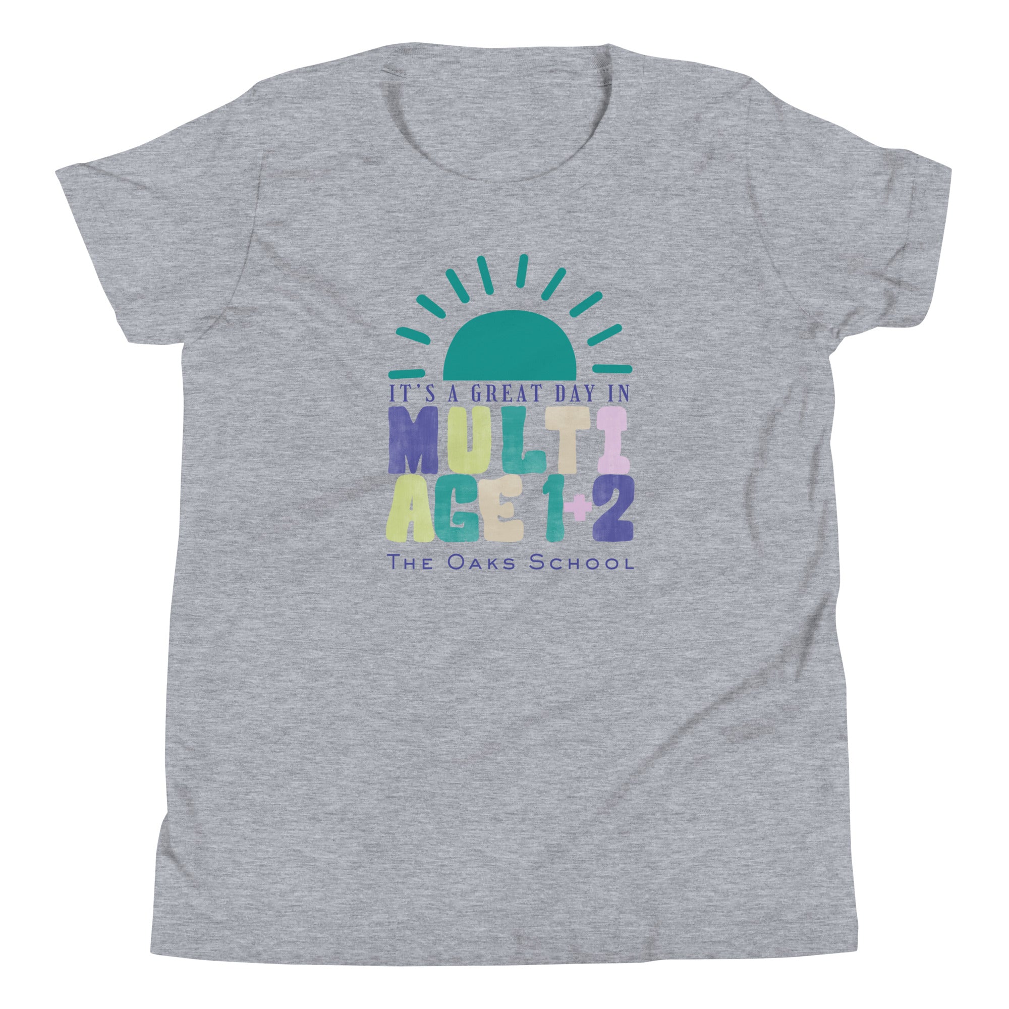 Product mockup: Image of heathered athletic gray colored tshirt with a half sun on the horizon and text below that reads "It's a great day in Multiage 1+2" and "The Oaks School"