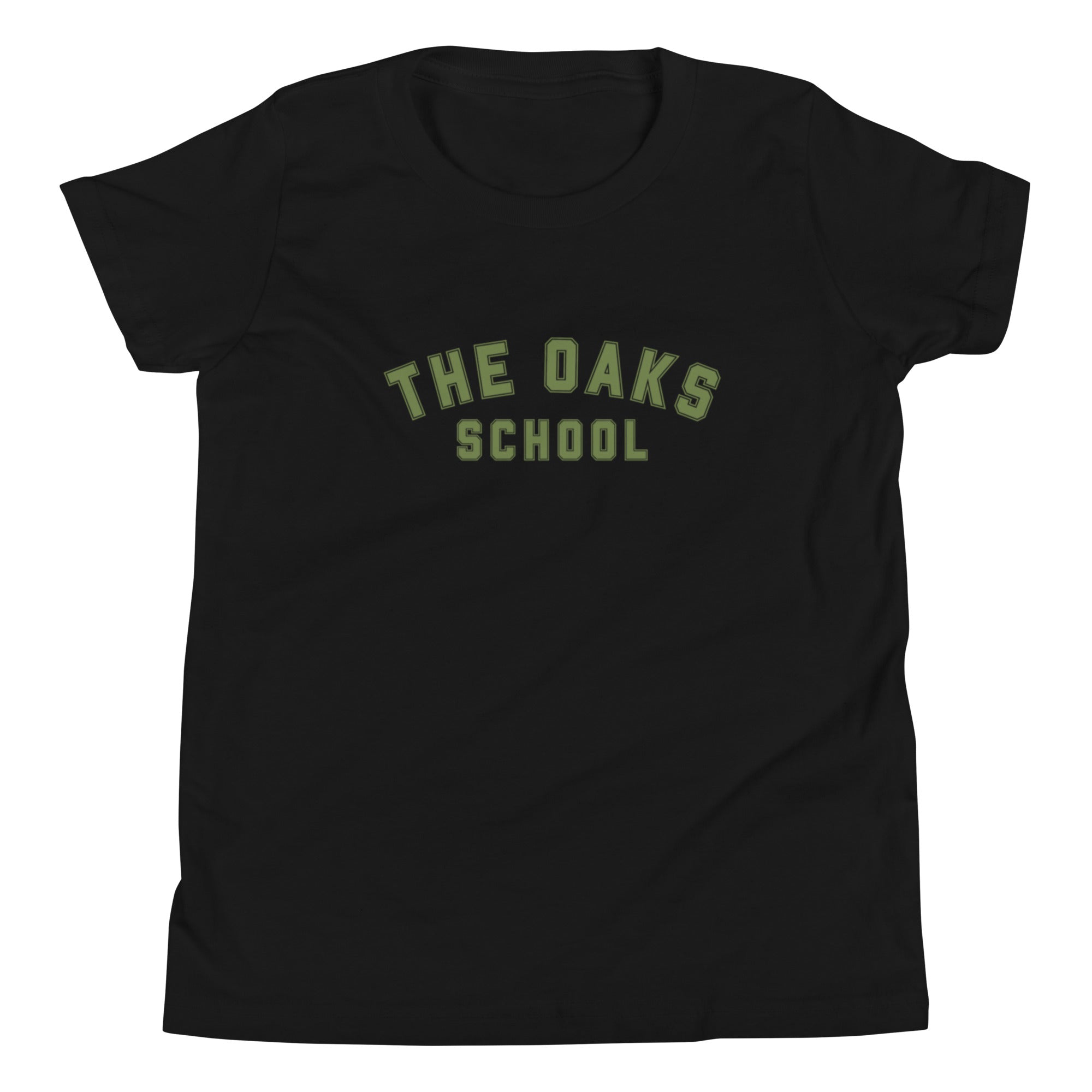 Product mockup: A black tshirt on a white background featuring green collegiate style lettering that says "The Oaks School"