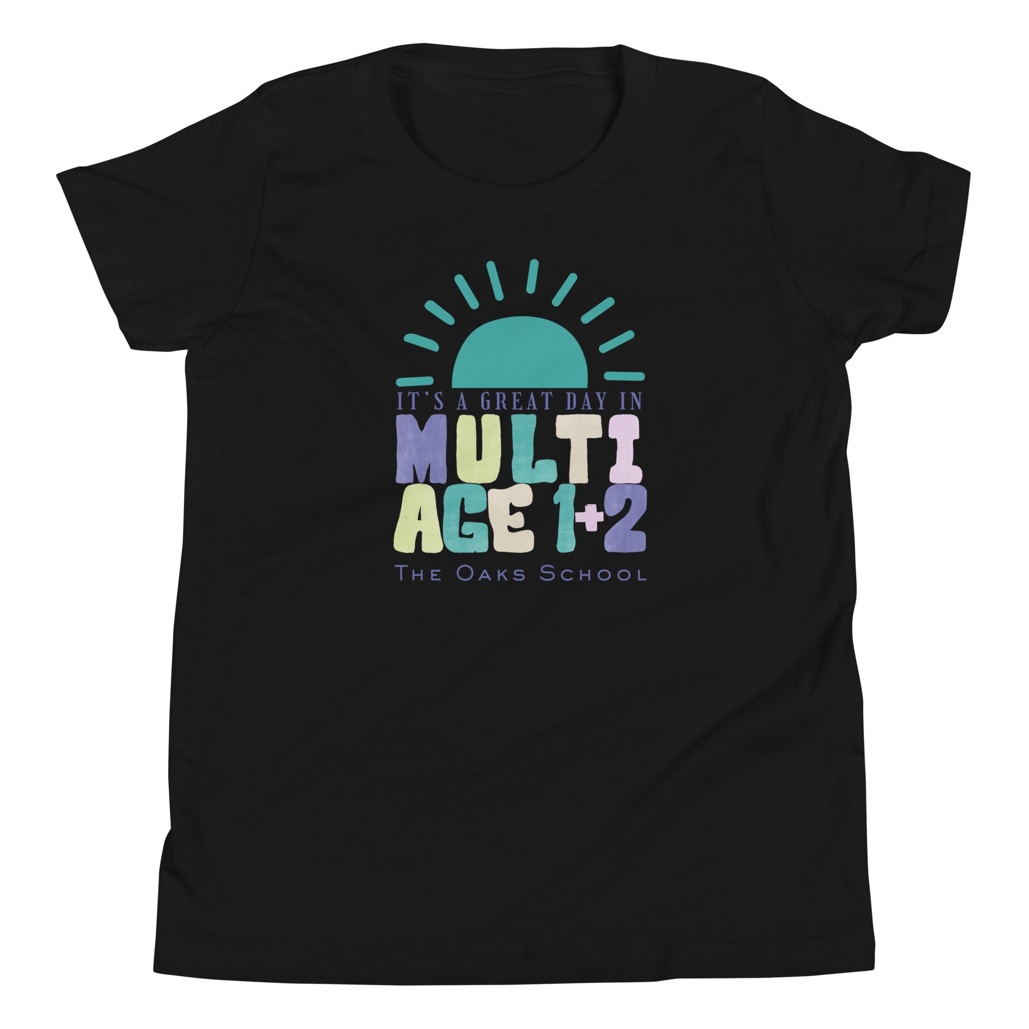 Product mockup: Image of black colored tshirt with a half sun on the horizon and text below that reads "It's a great day in Multiage 1+2" and "The Oaks School"