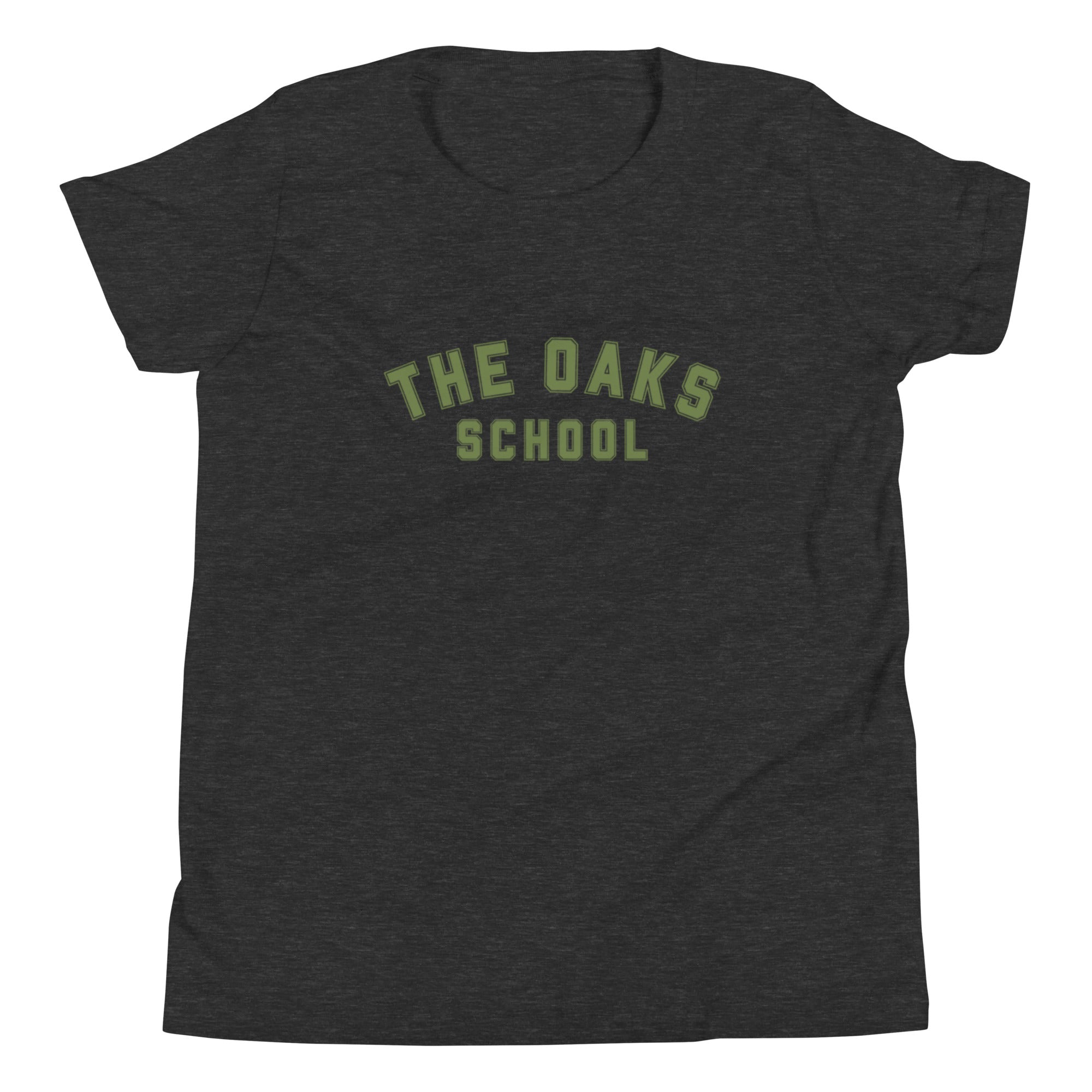 Product mockup: A dark gray heather tshirt on a white background featuring green collegiate style lettering that says "The Oaks School"