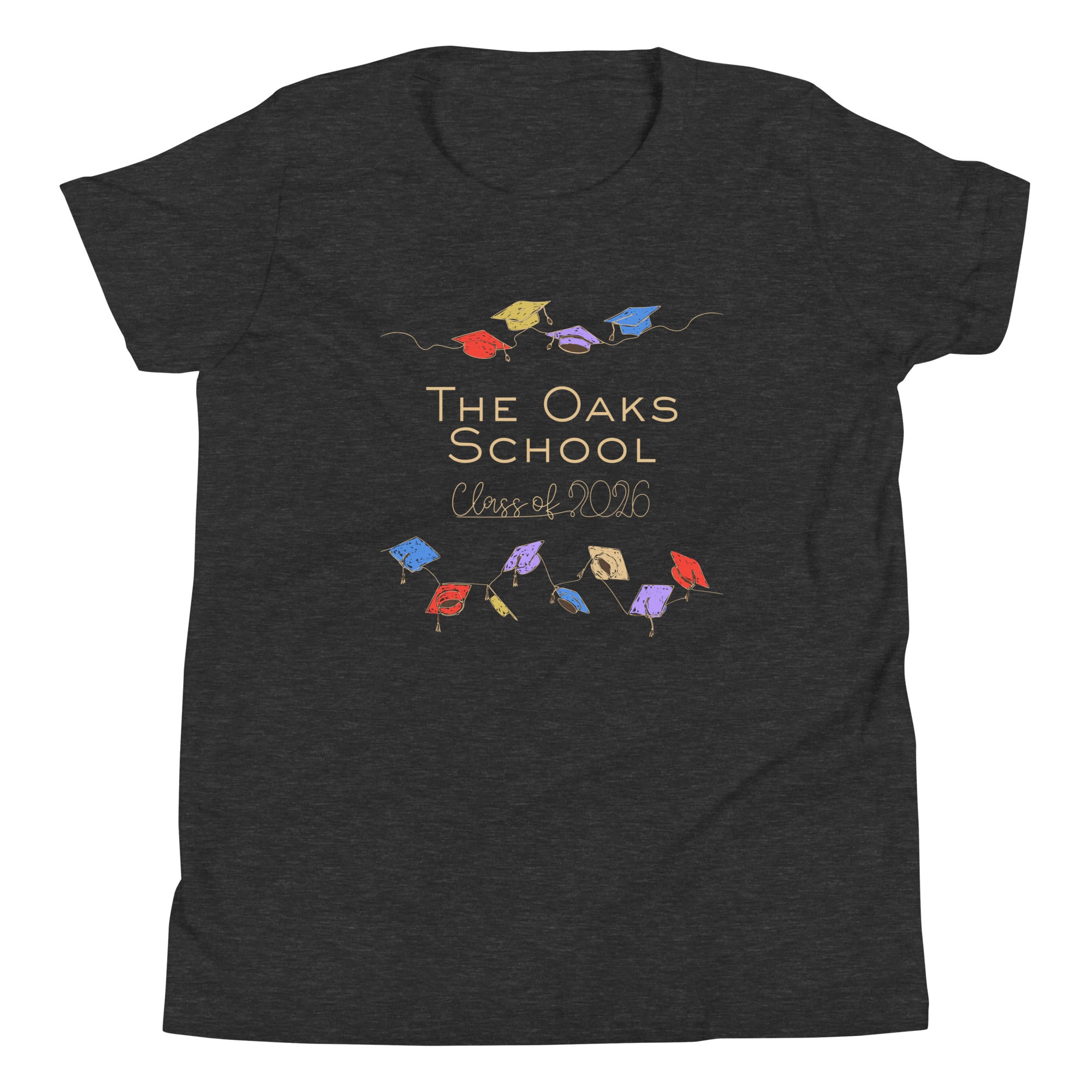 Product mockup: Heathered dark gray colored tshirt with Image of graduation caps connected on a string in various colors on top and bottom with text "The Oaks School Class of 2026" in between.