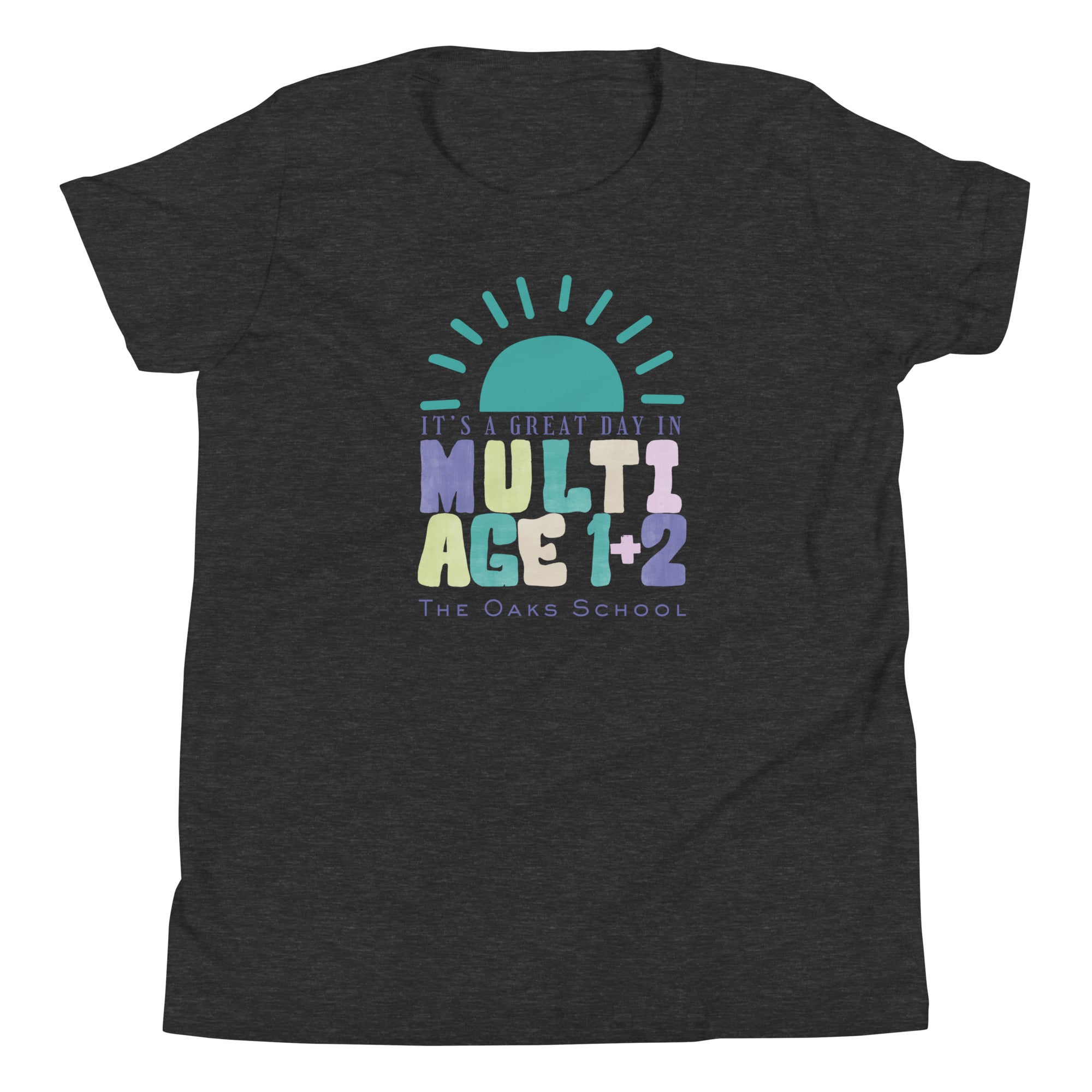 Product mockup: Image of heathered dark gray colored tshirt with a half sun on the horizon and text below that reads "It's a great day in Multiage 1+2" and "The Oaks School"