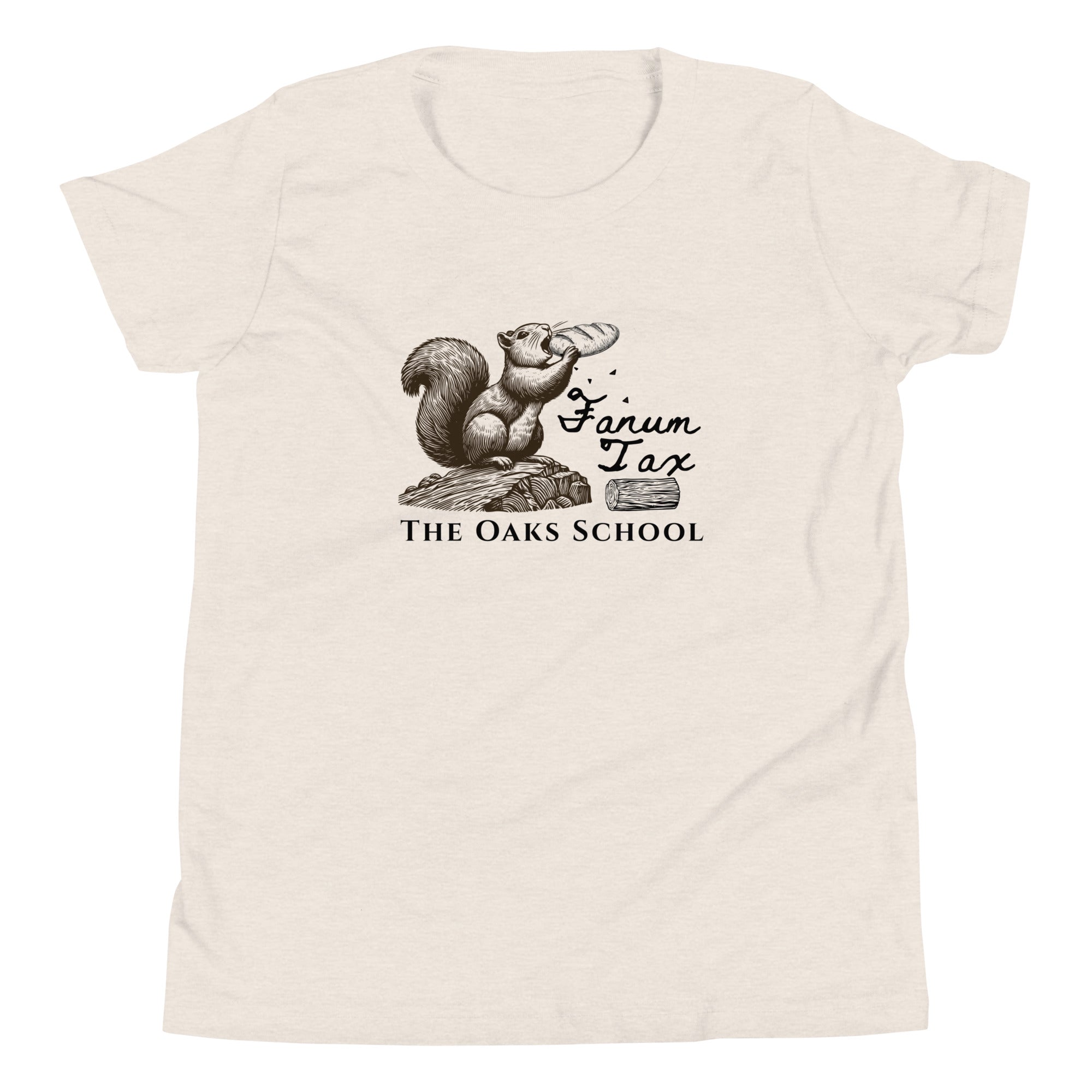 Product mockup: A heather dust colored tshirt on a white background with an illustration of a squirrel eating a baguette while standing on a stump with the text "Fanum Tax" and "The Oaks School"