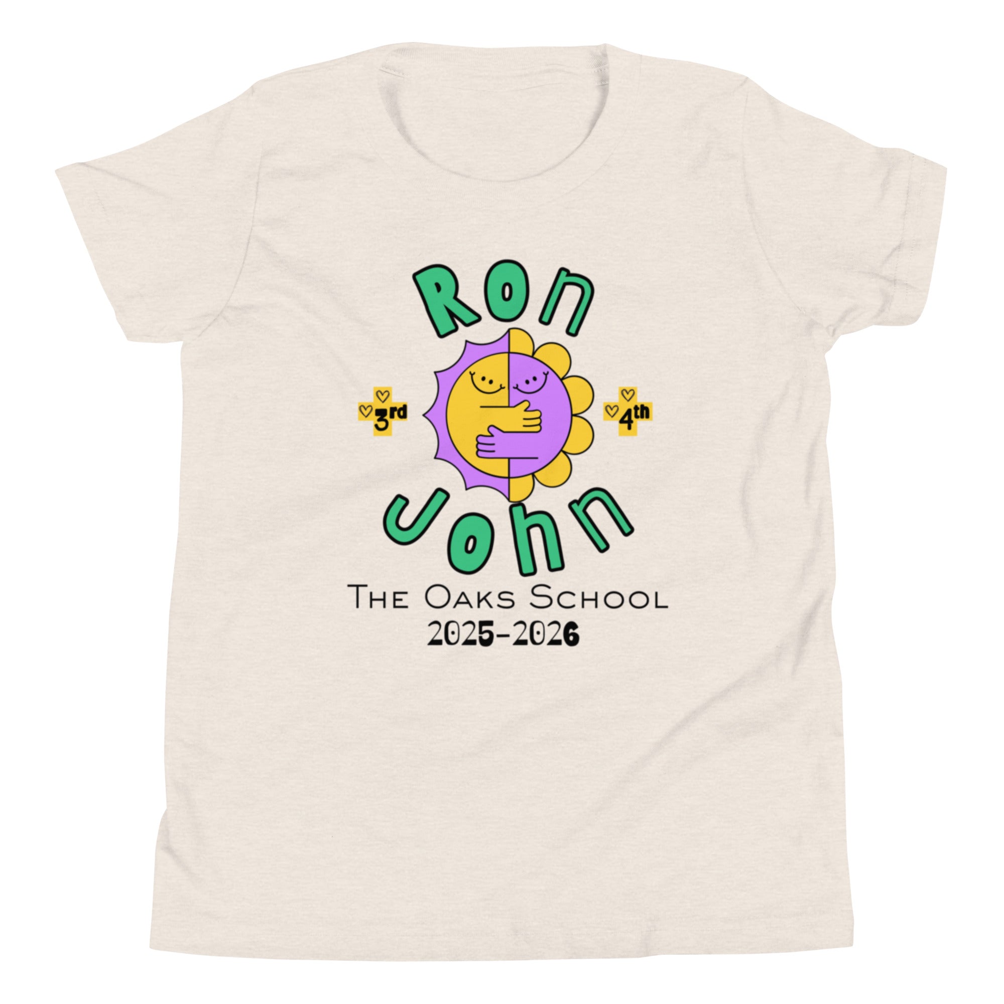Product mockup: Image of a purple and yellow cartoon sun with each side of the sun hugging each other with text "Ron" and "John" and "3rd" and "4th" surrounding the sun with "The Oaks School 2025-2026" at the bottom