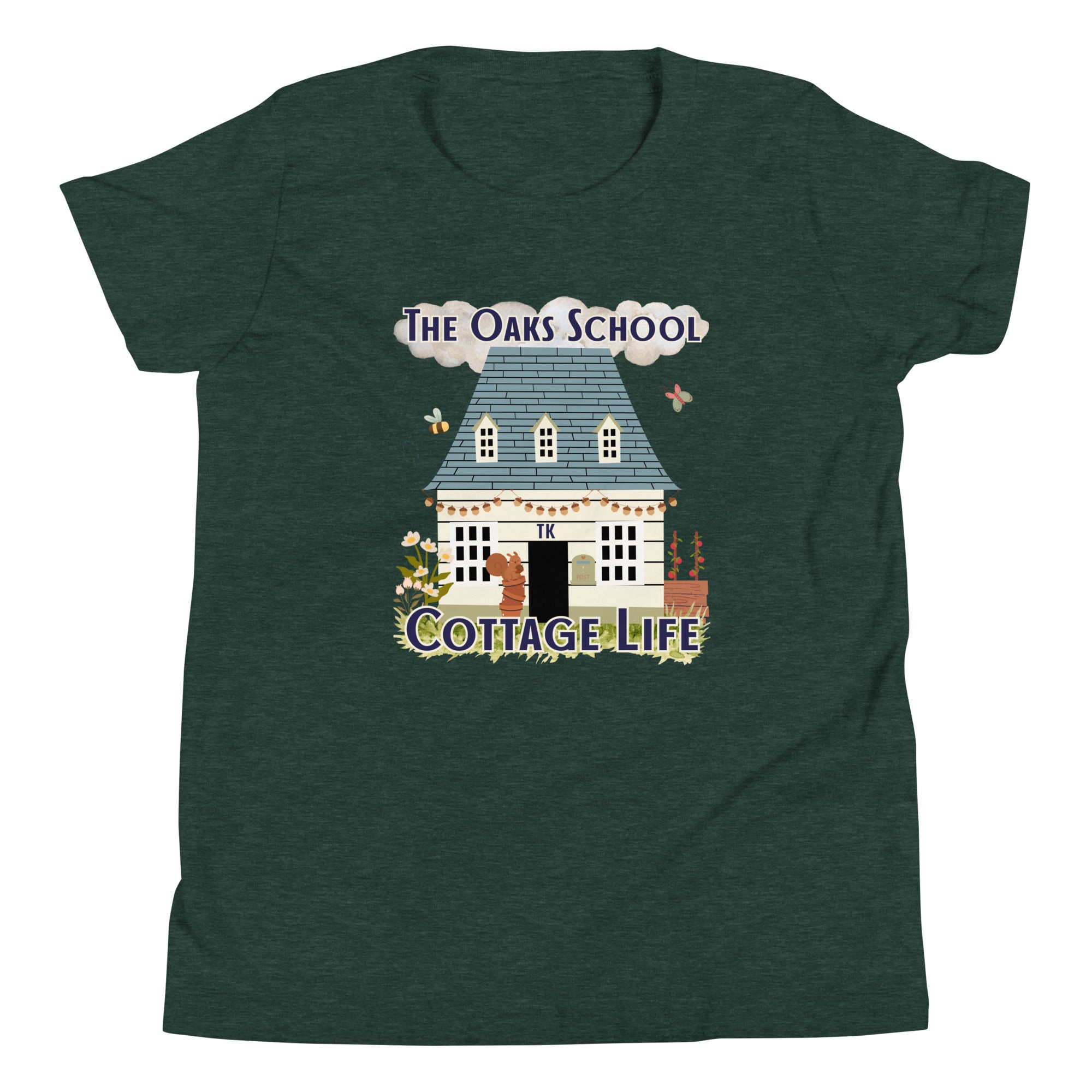 Product mockup: A heather forest green tshirt on a white background featuring an illustration of a white cottage and the text "The Oaks School" and "Cottage Life"