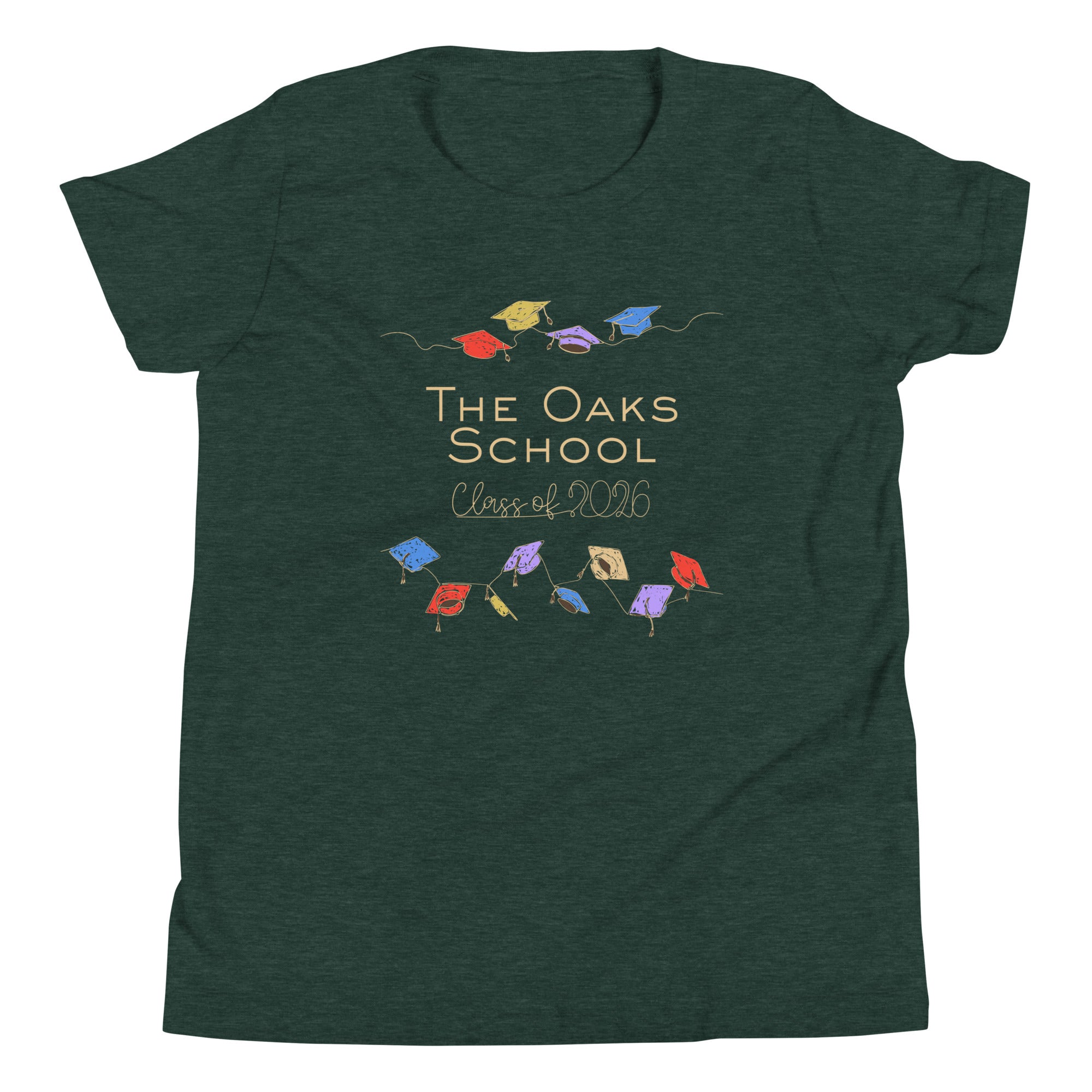 Product mockup: Heathered forest green colored tshirt with Image of graduation caps connected on a string in various colors on top and bottom with text "The Oaks School Class of 2026" in between.