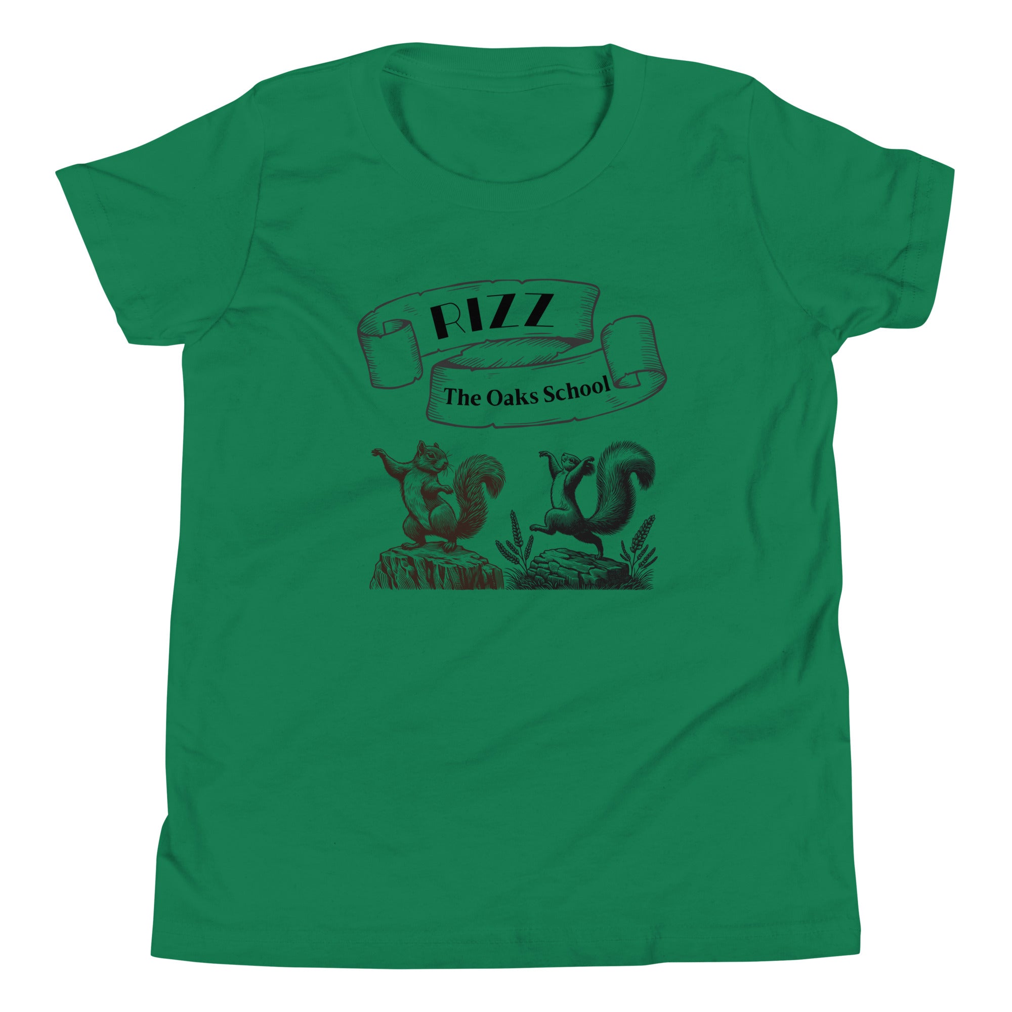 Product mockup: A kelly green tshirt on a white background featuring an illustration of two squirrels dancing on stumps with a scroll above them with the text "Rizz" and "The Oaks School."