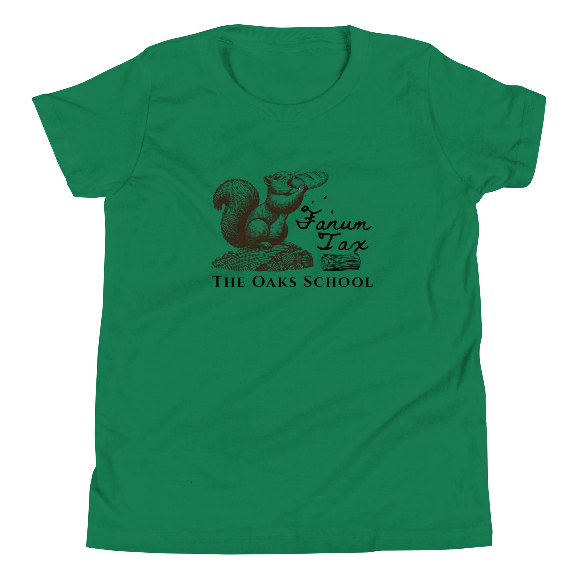 Product mockup: A kelly green tshirt on a white background with an illustration of a squirrel eating a baguette while standing on a stump with the text "Fanum Tax" and "The Oaks School"