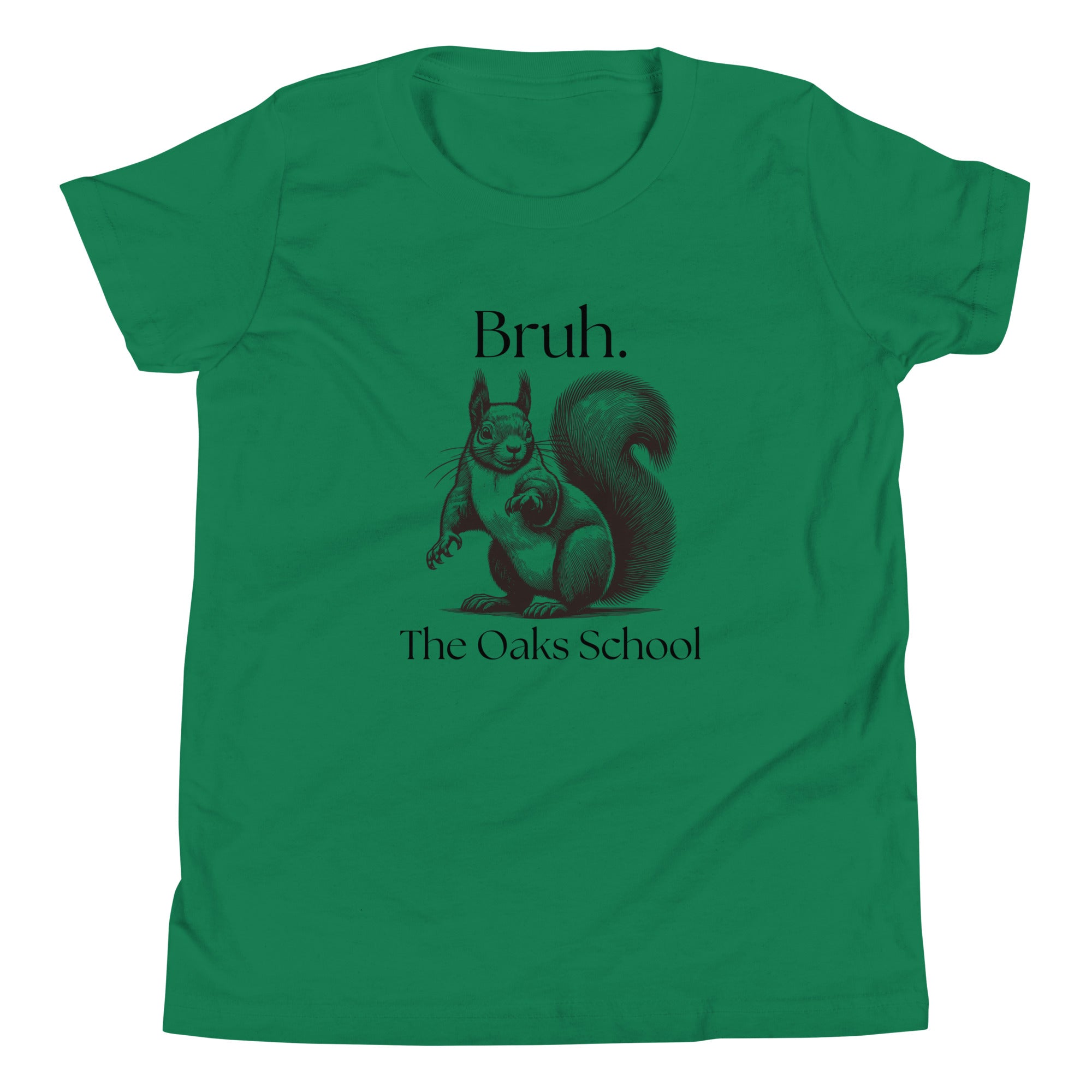 Product mockup: Bright green t-shirt with a squirrel image and text that says "Bruh" and "The Oaks School."