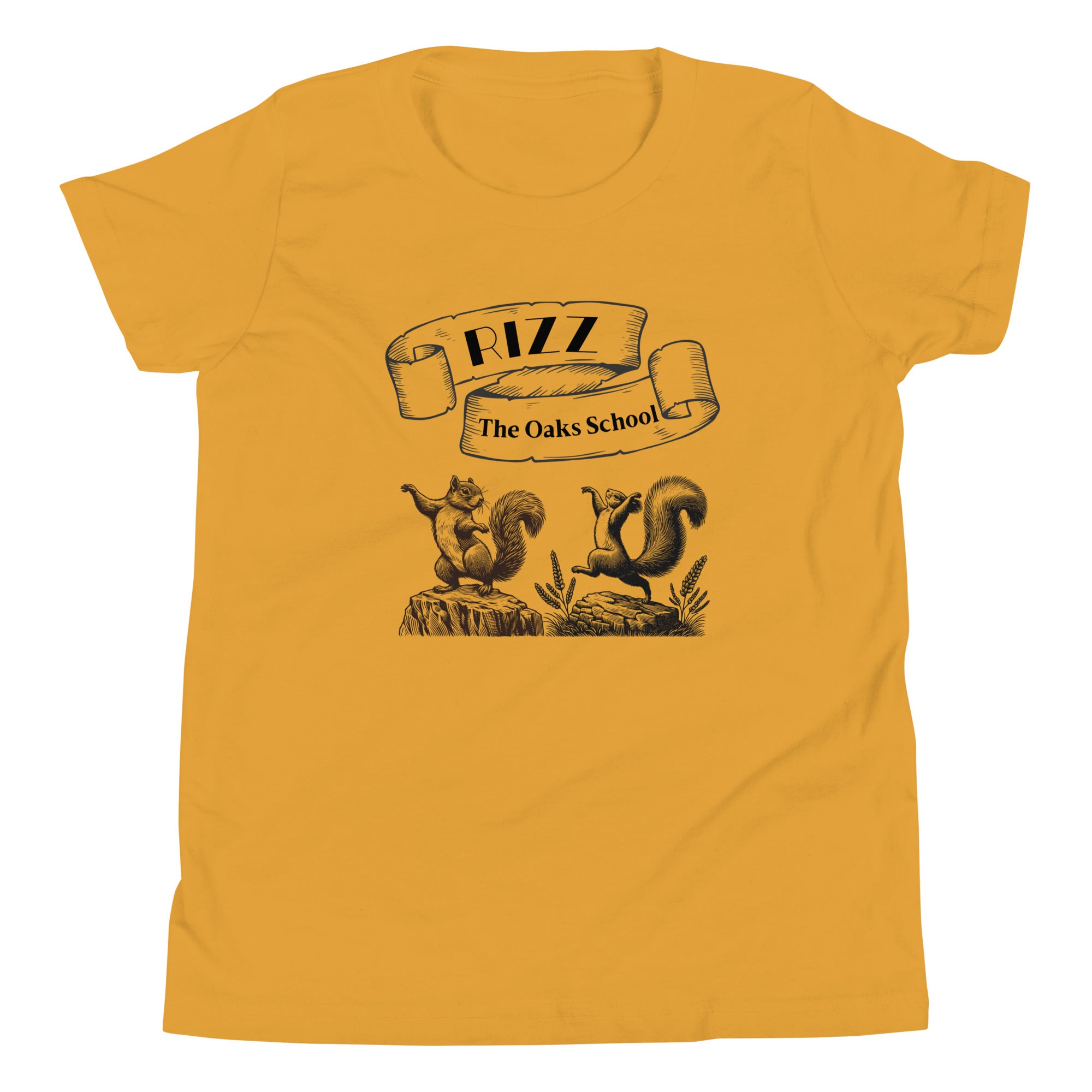 Product mockup: A mustard yellow tshirt on a white background featuring an illustration of two squirrels dancing on stumps with a scroll above them with the text "Rizz" and "The Oaks School."