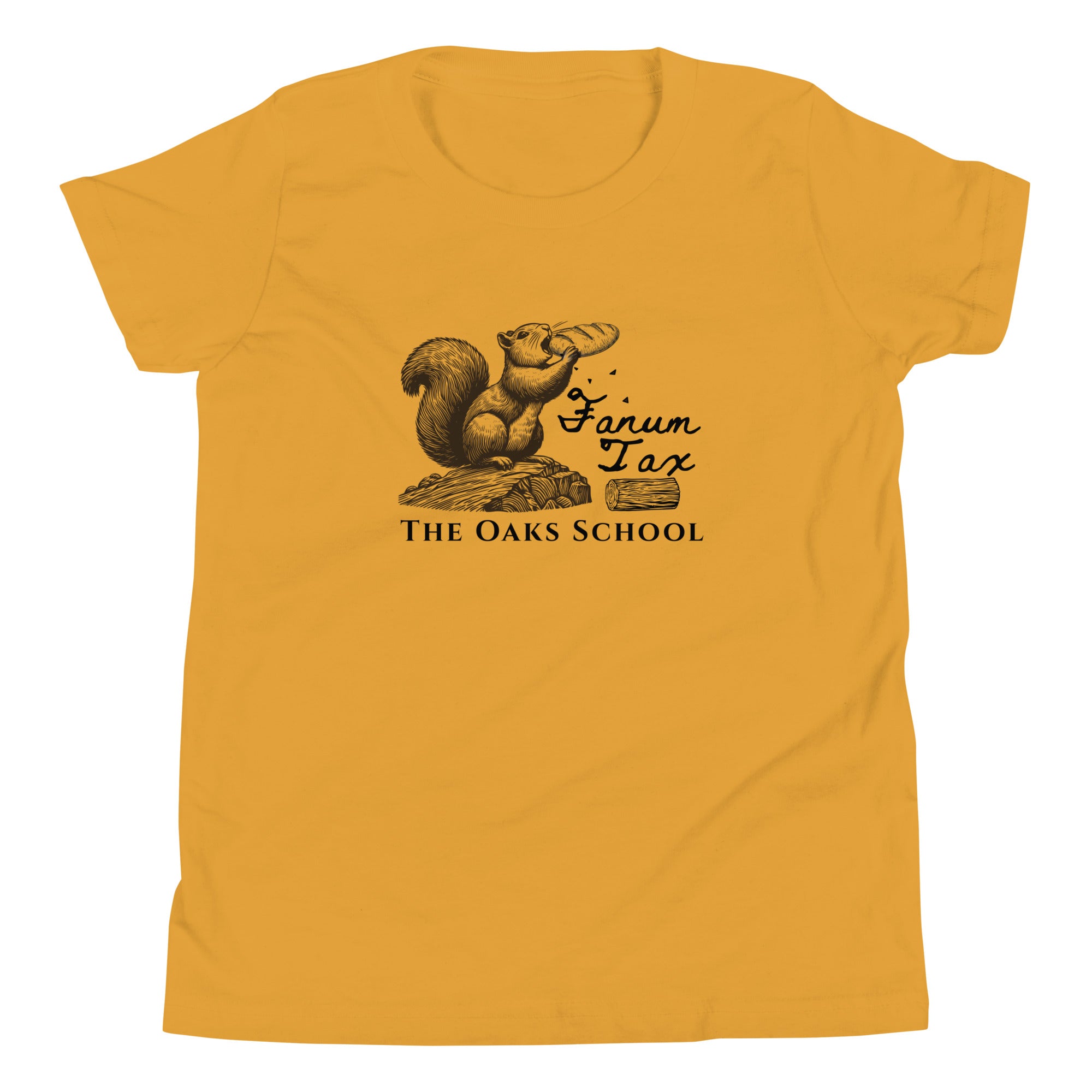 Product mockup: A mustard yellow tshirt on a white background with an illustration of a squirrel eating a baguette while standing on a stump with the text "Fanum Tax" and "The Oaks School"