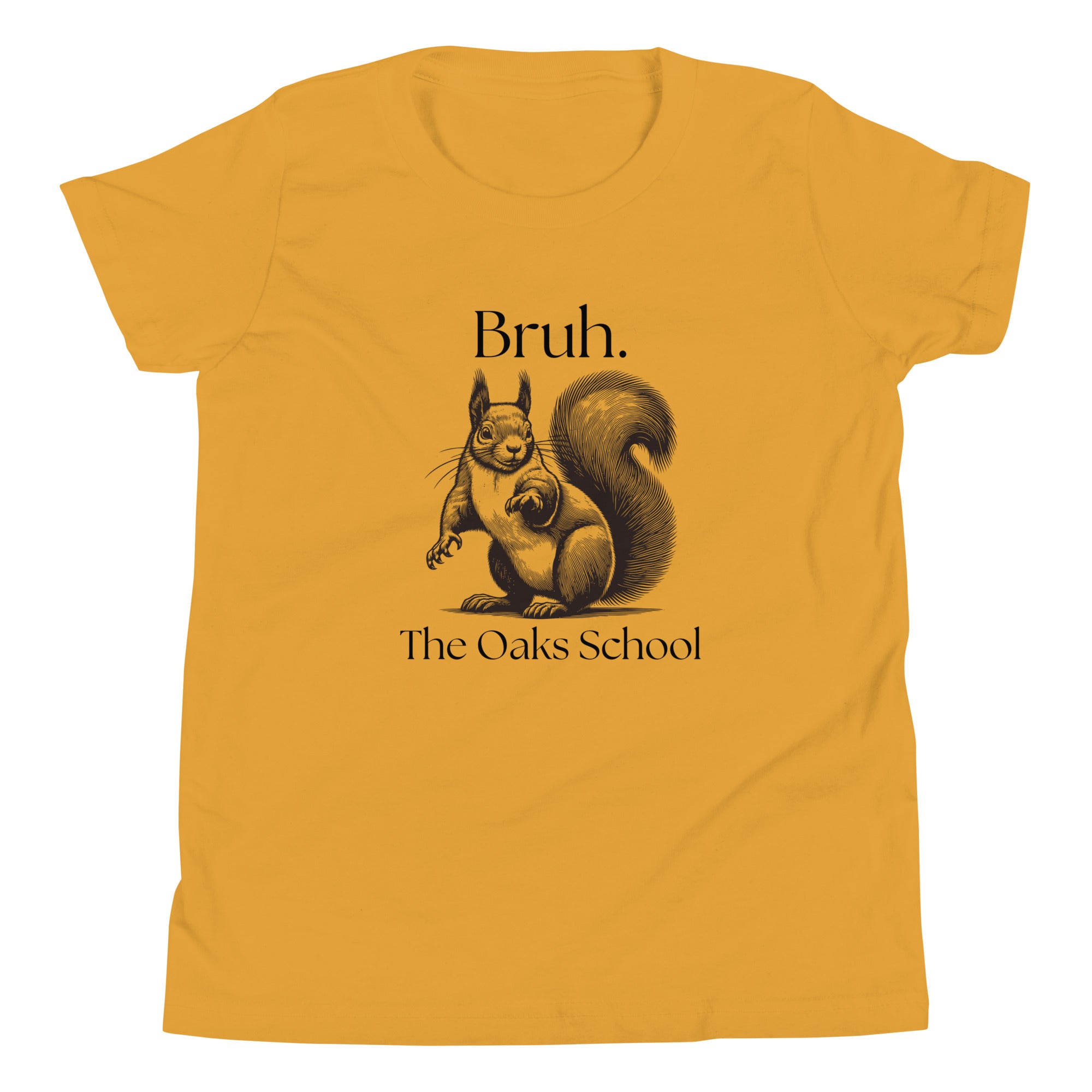 Product mockup: Yellow t-shirt with a squirrel image and text that says "Bruh" and "The Oaks School."