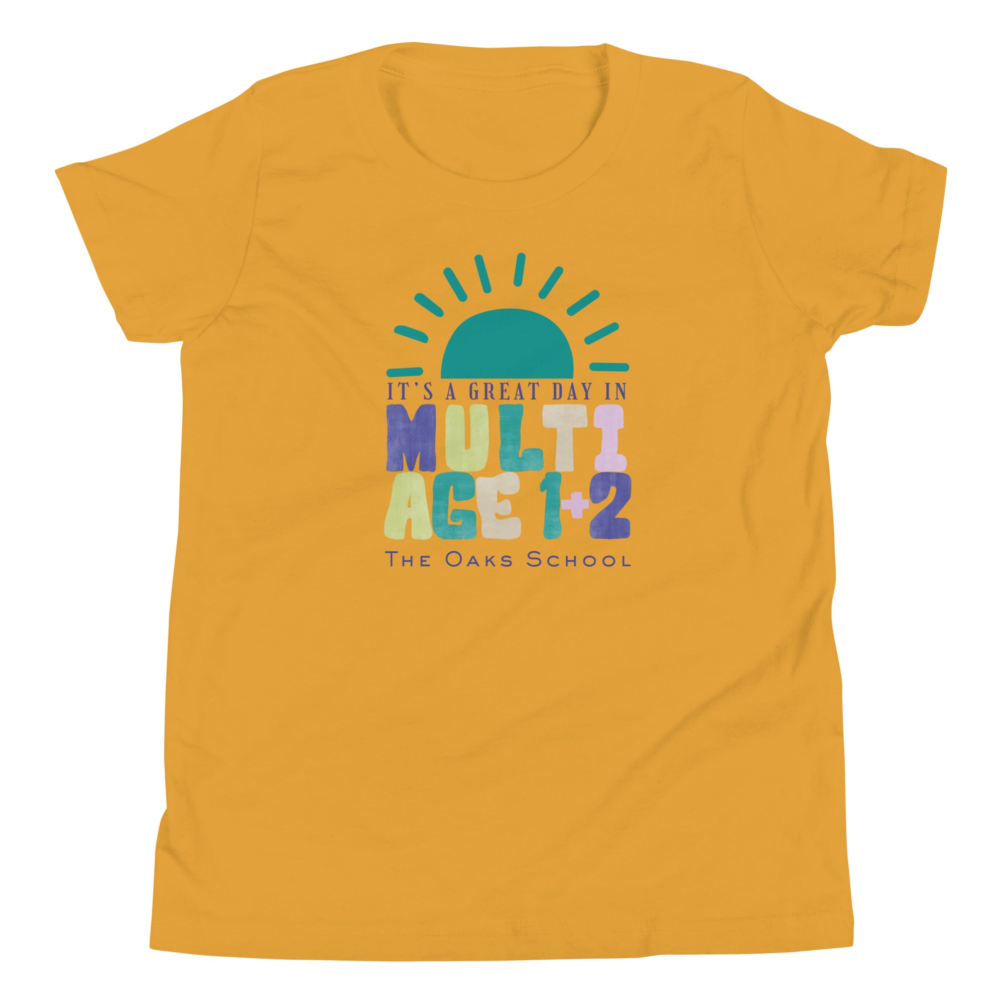 Product mockup: Image of Mustard colored tshirt with a half sun on the horizon and text below that reads "It's a great day in Multiage 1+2" and "The Oaks School"