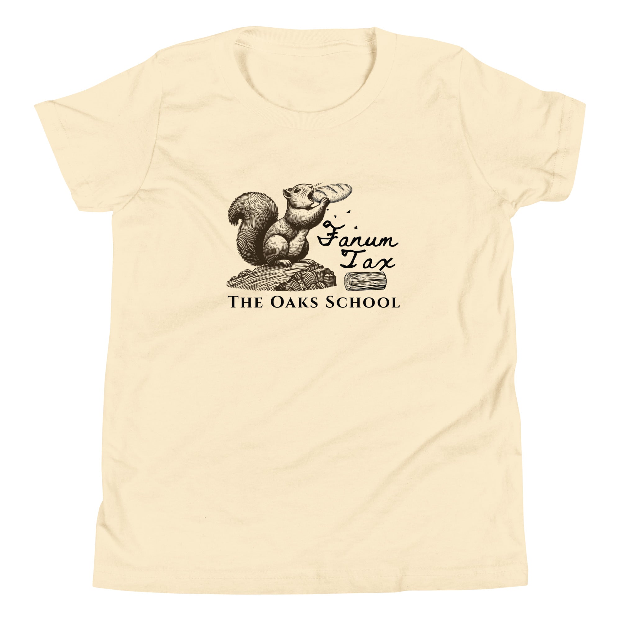 Product mockup: A natural colored tshirt on a white background with an illustration of a squirrel eating a baguette while standing on a stump with the text "Fanum Tax" and "The Oaks School"