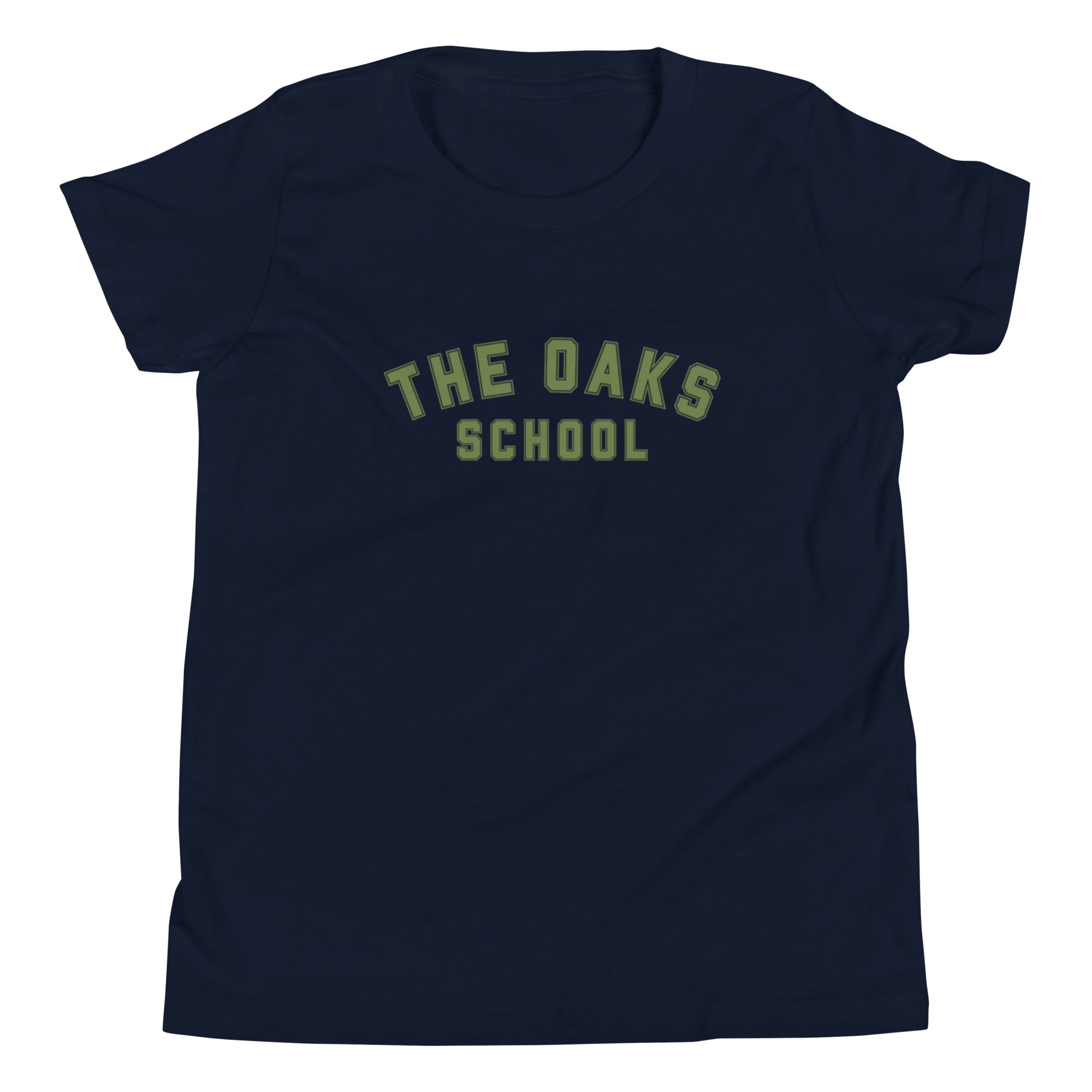 Product mockup: A navy tshirt on a white background featuring green collegiate style lettering that says "The Oaks School"
