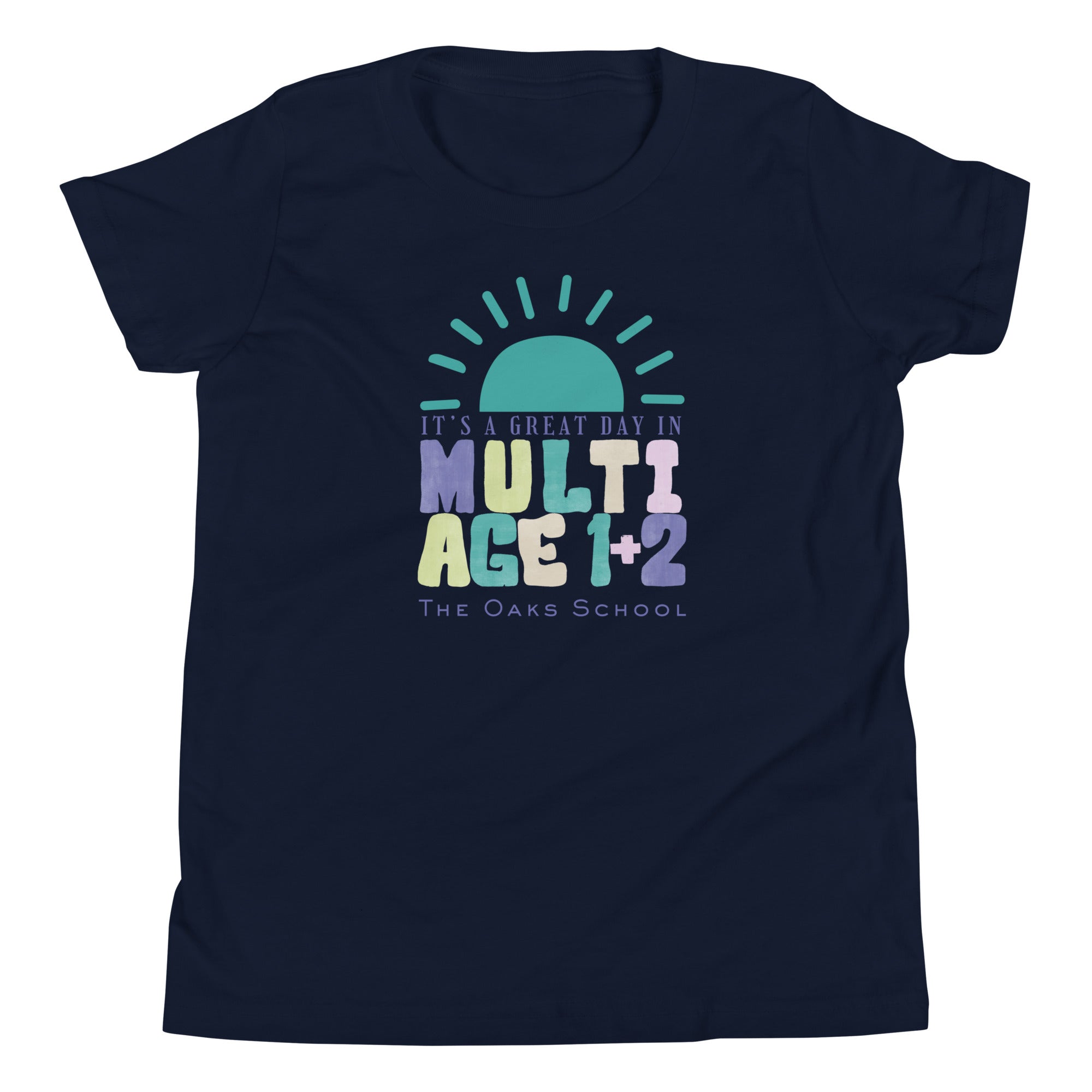Product mockup: Image of navy colored tshirt with a half sun on the horizon and text below that reads "It's a great day in Multiage 1+2" and "The Oaks School"